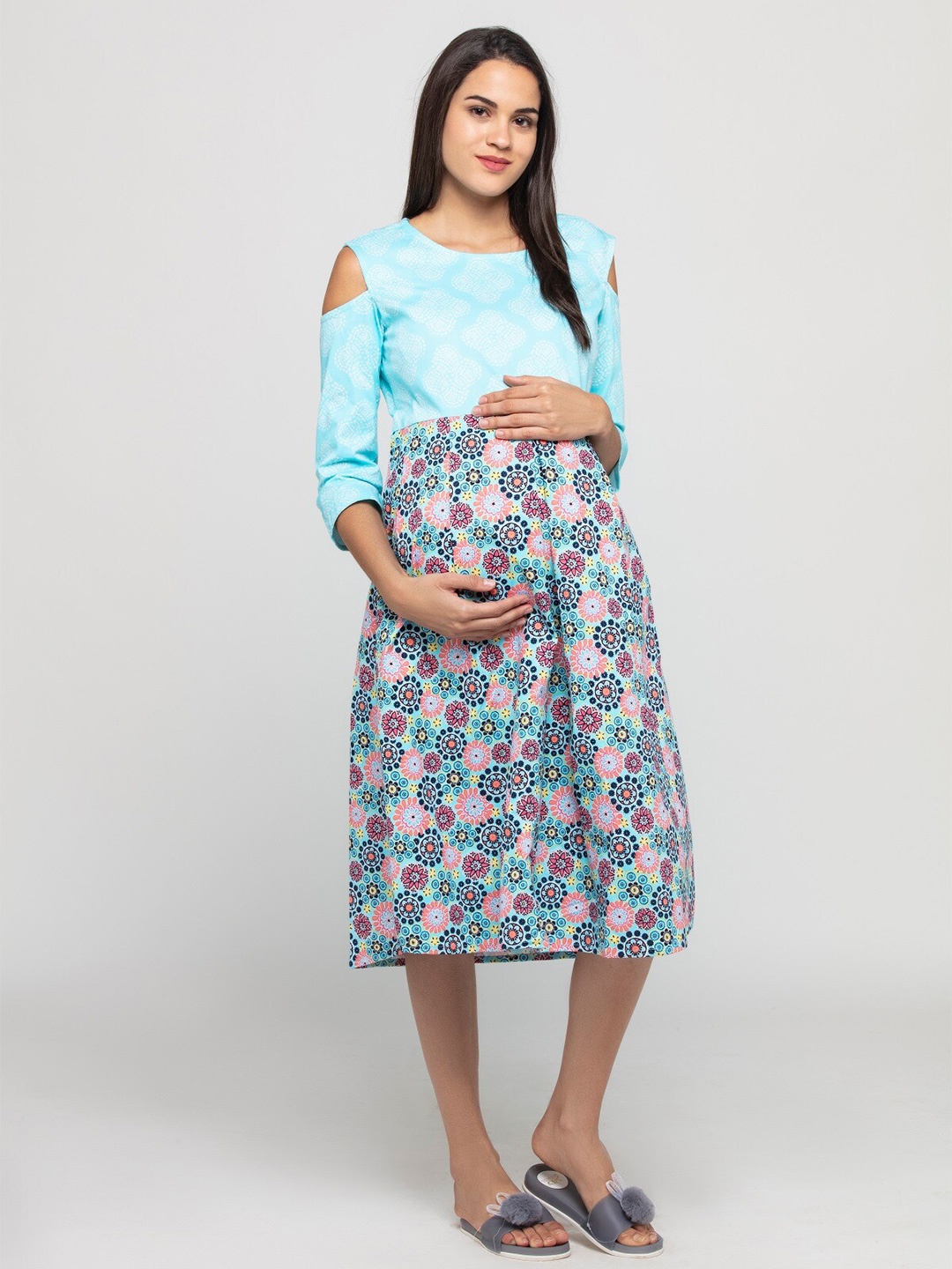 

CHARISMOMIC Floral Printed Cold-Shoulder Maternity Fit & Flare Midi Dress, Blue