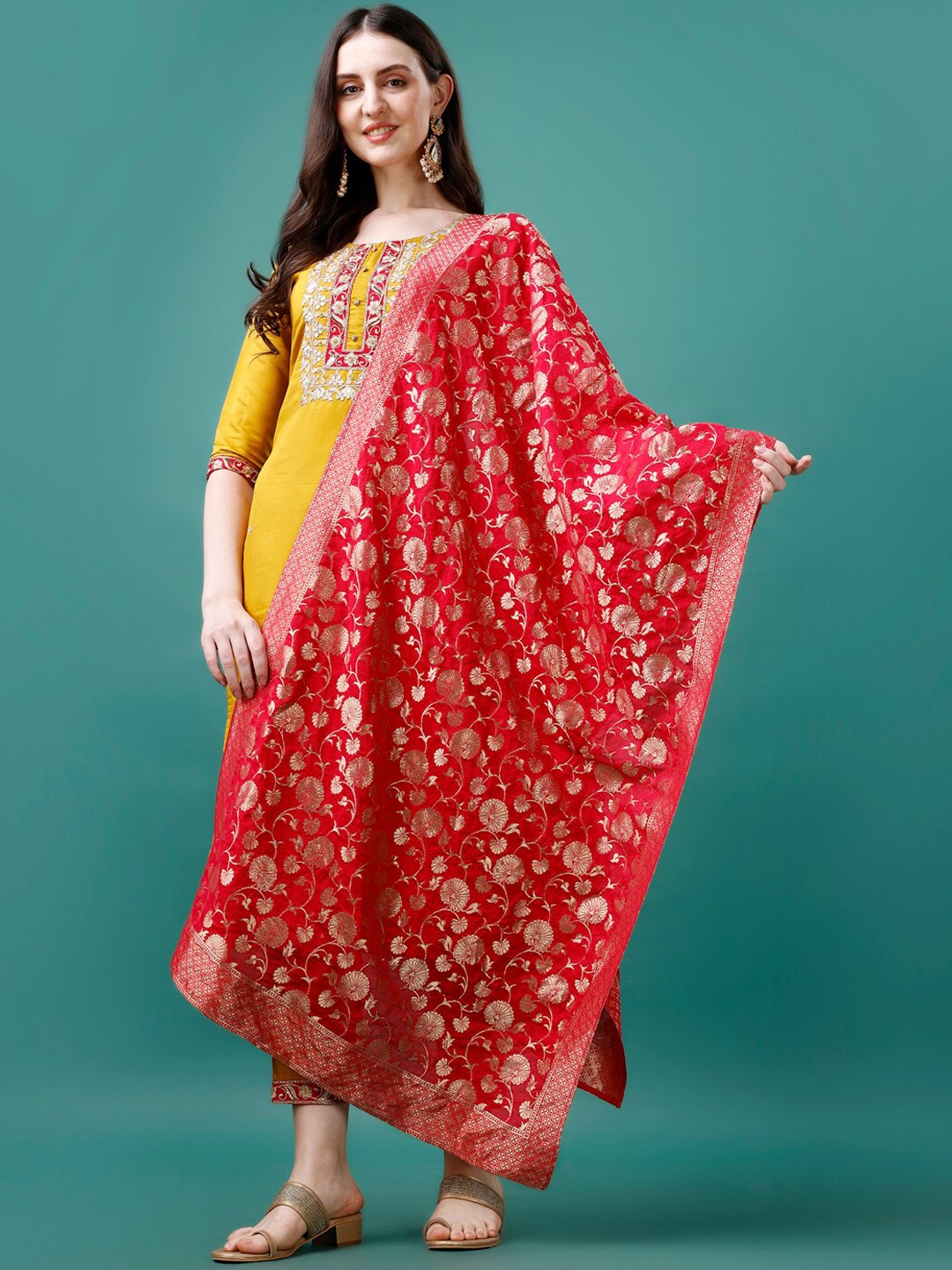 

KALINI Ethnic Motifs Embroidered Chanderi Cotton Straight Kurta With Trousers & Dupatta, Mustard