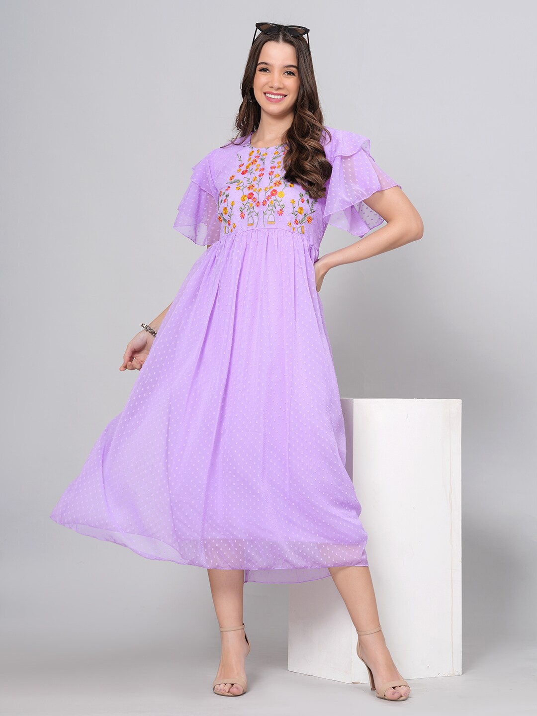 

JC4U Floral Embroidered Flutter Sleeve Chiffon Empire Maxi Dress, Lavender