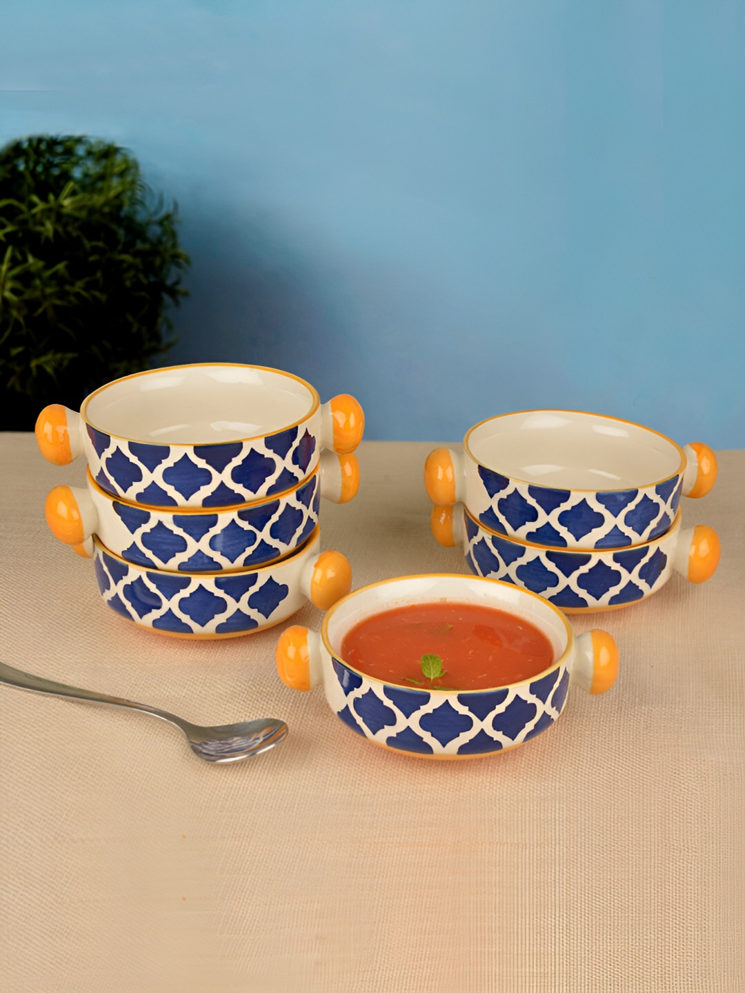 

StyleMyWay Blue & White 6 Pieces Printed Ceramic Glossy Bowls With Handle 300 ml Each