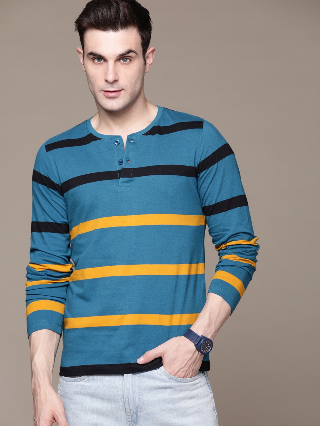 

Roadster Men Striped Henley Neck Pure Cotton T-shirt, Blue