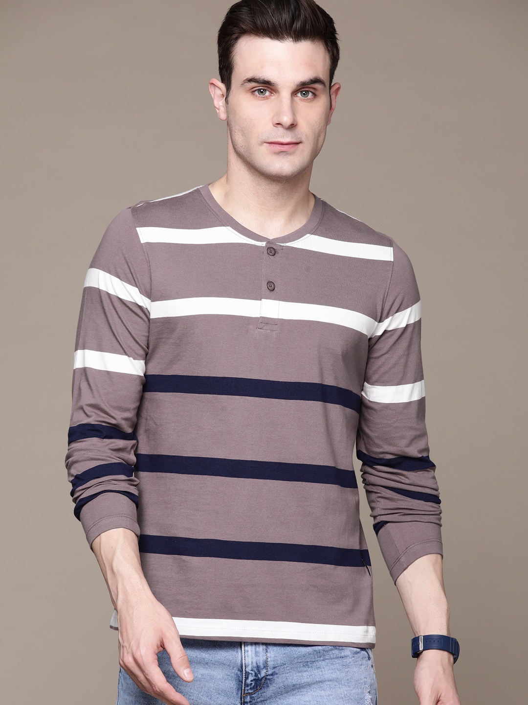 

Roadster Men Striped Henley Neck Pure Cotton T-shirt, Grey
