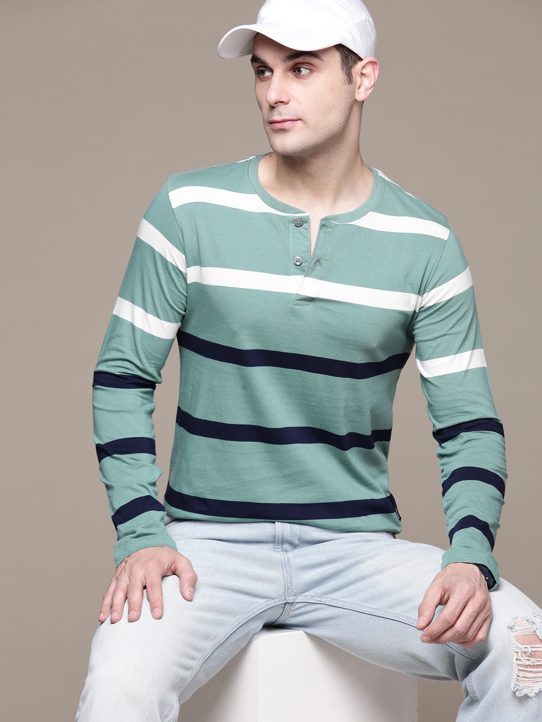 

Roadster Men Striped Henley Neck Pure Cotton T-shirt, Sea green