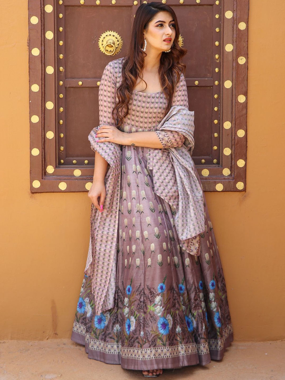 

ODETTE Printed Ethnic Dress with Dupatta, Peach