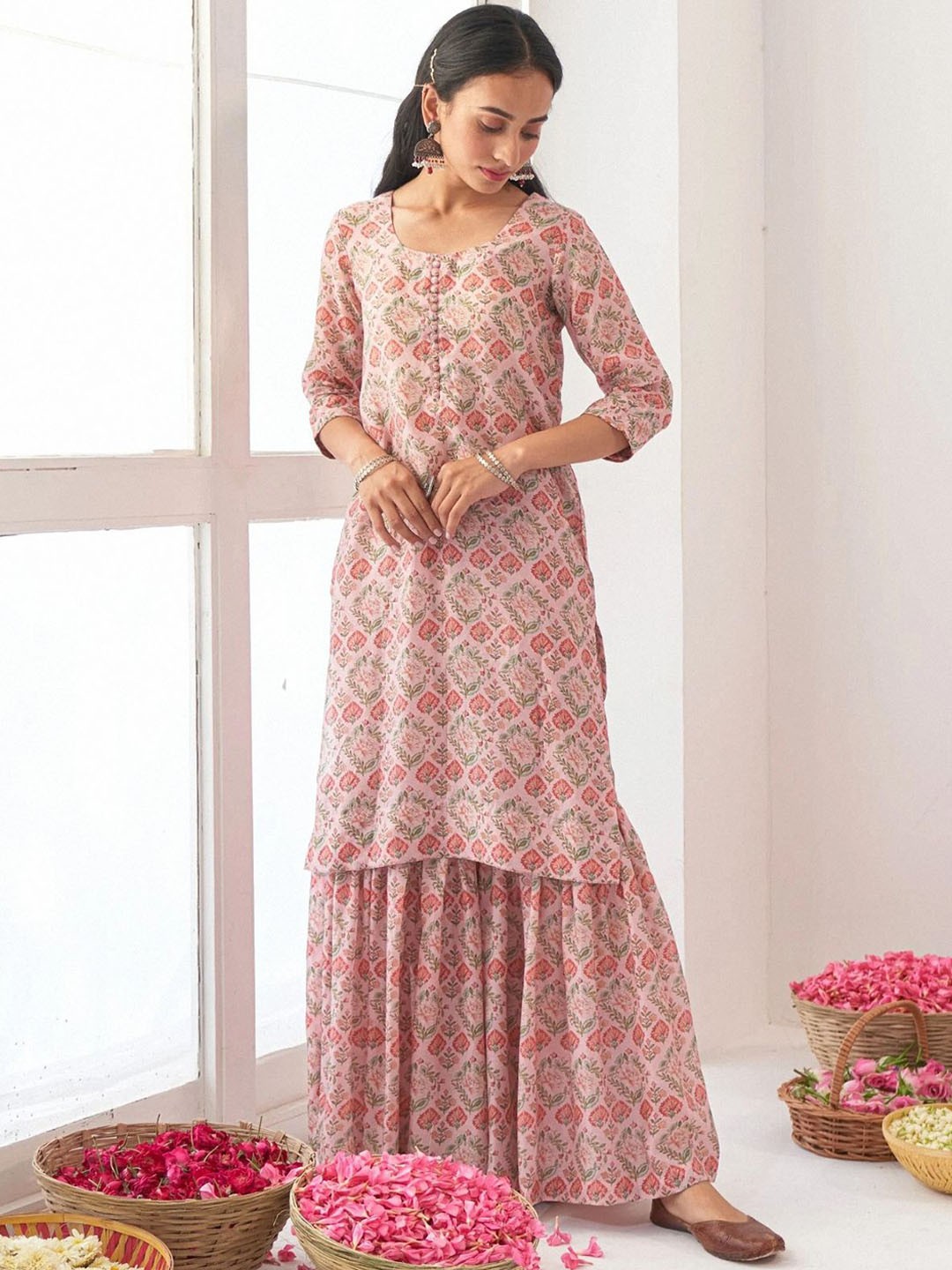 

ODETTE Floral Printed Round Neck Straight Kurta with Sharara & Dupatta, Peach