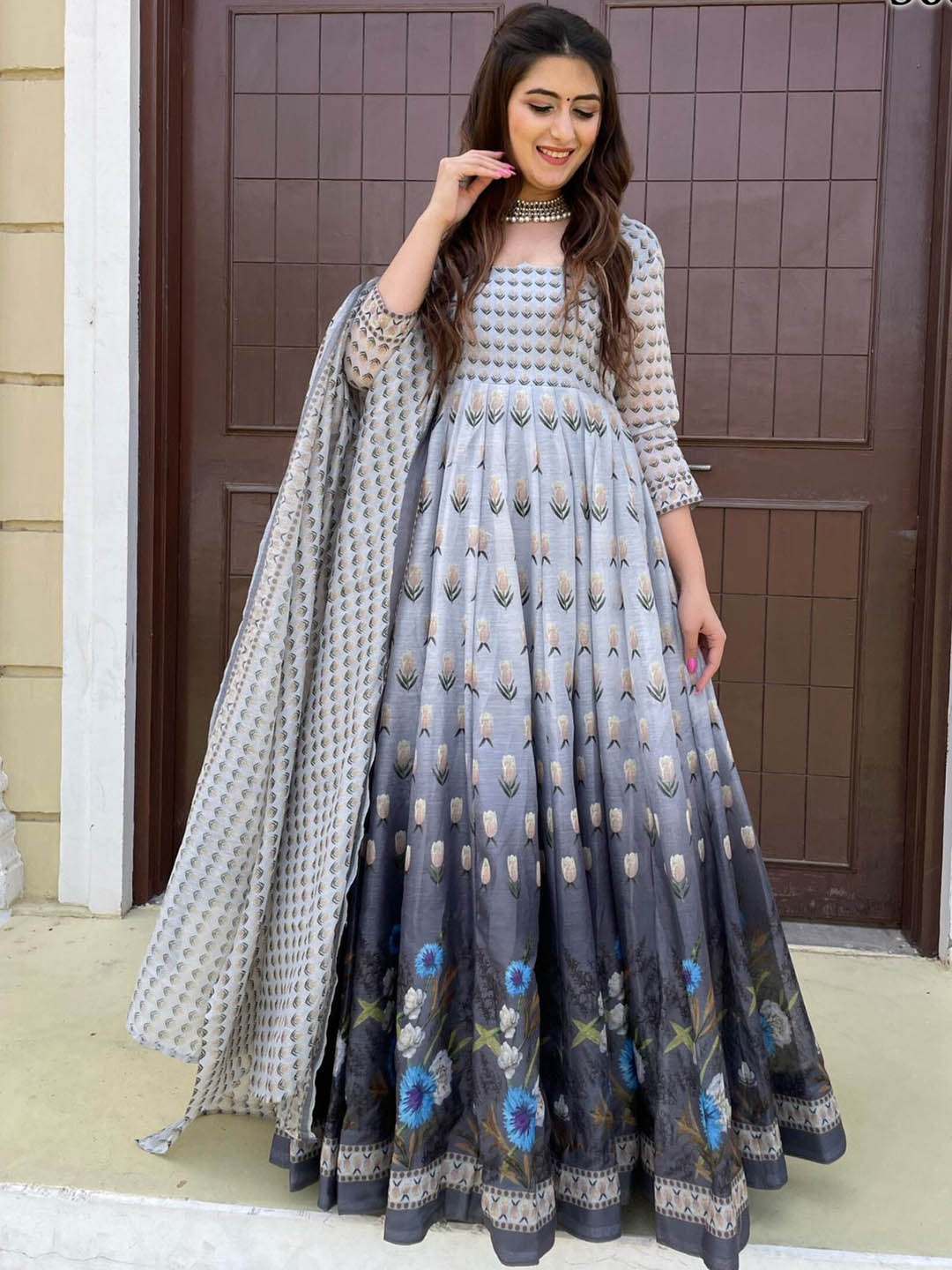 

ODETTE Printed Ethnic Dress with Dupatta, Grey