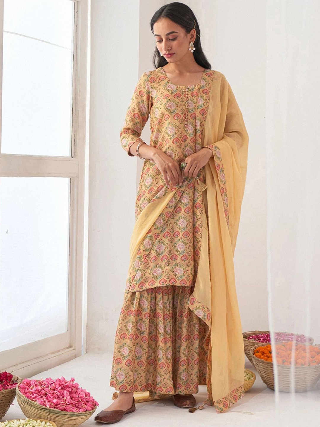 

ODETTE Floral Printed Regular Kurta with Sharara & Dupatta, Mustard