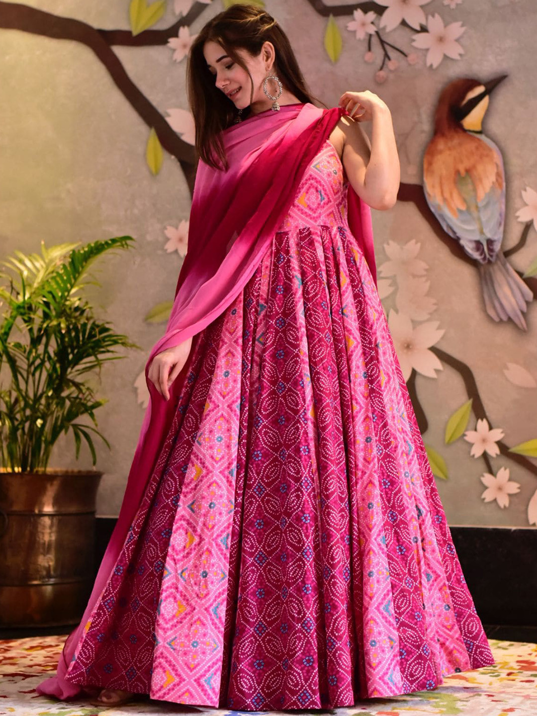 

Odette Printed Flared Ethnic Dress with Dupatta, Pink