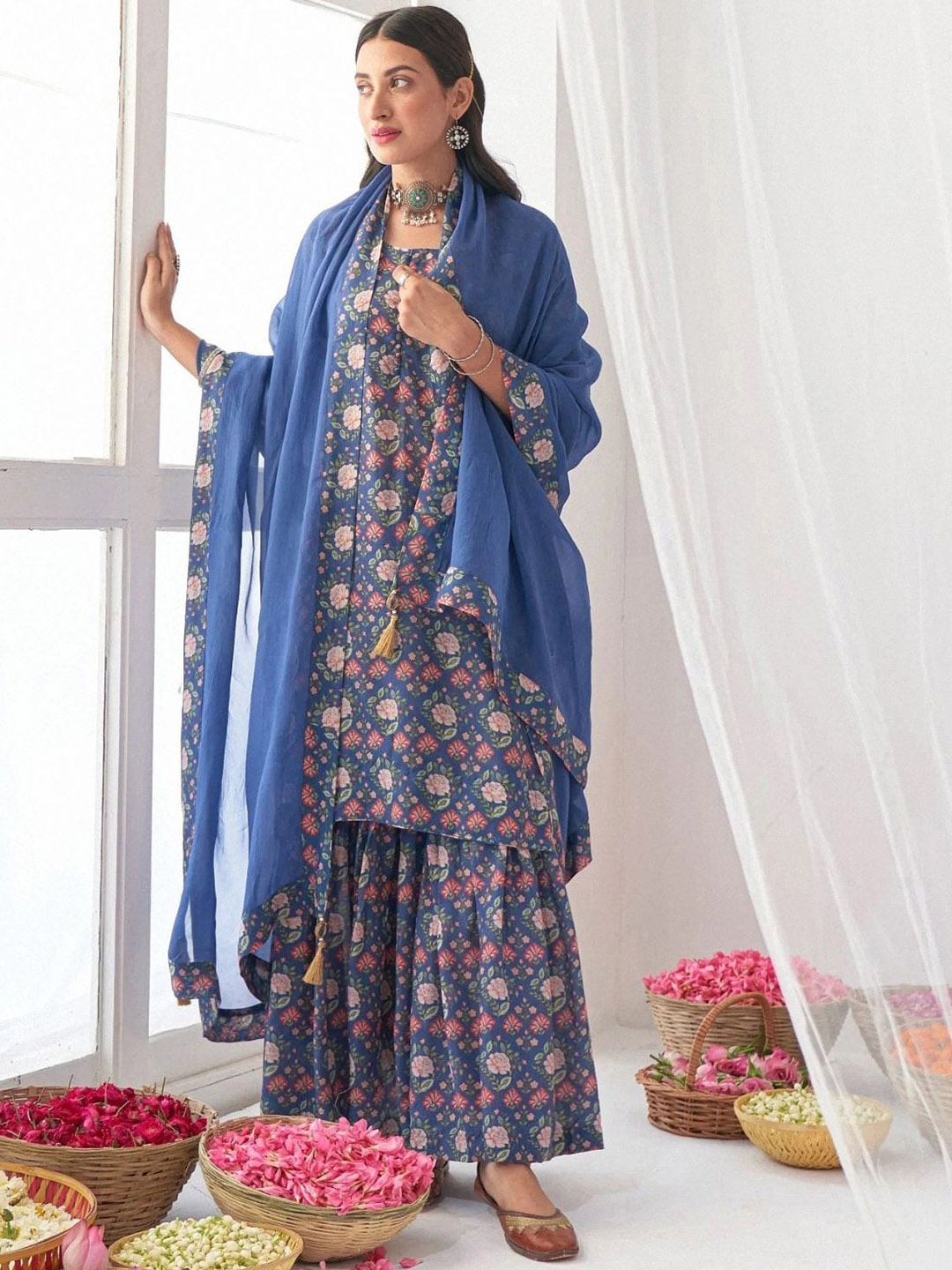 

ODETTE Ethnic Motifs Printed Regular Kurta with Sharara & Dupatta, Blue