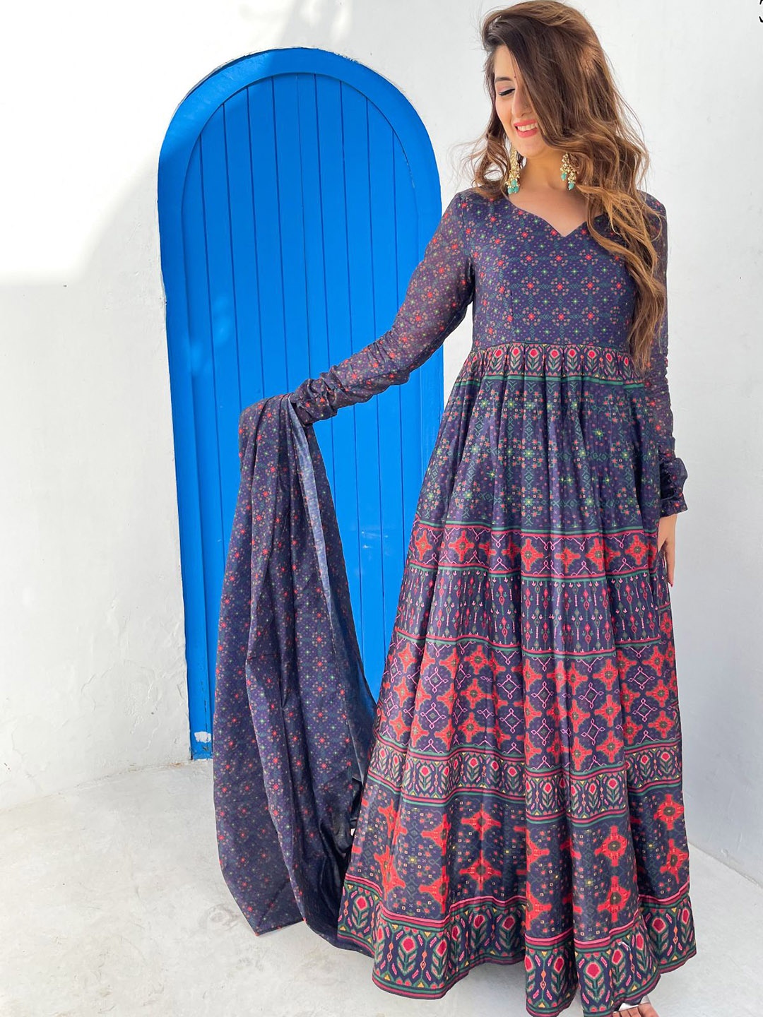 

ODETTE Printed Ethnic Dress with Dupatta, Purple