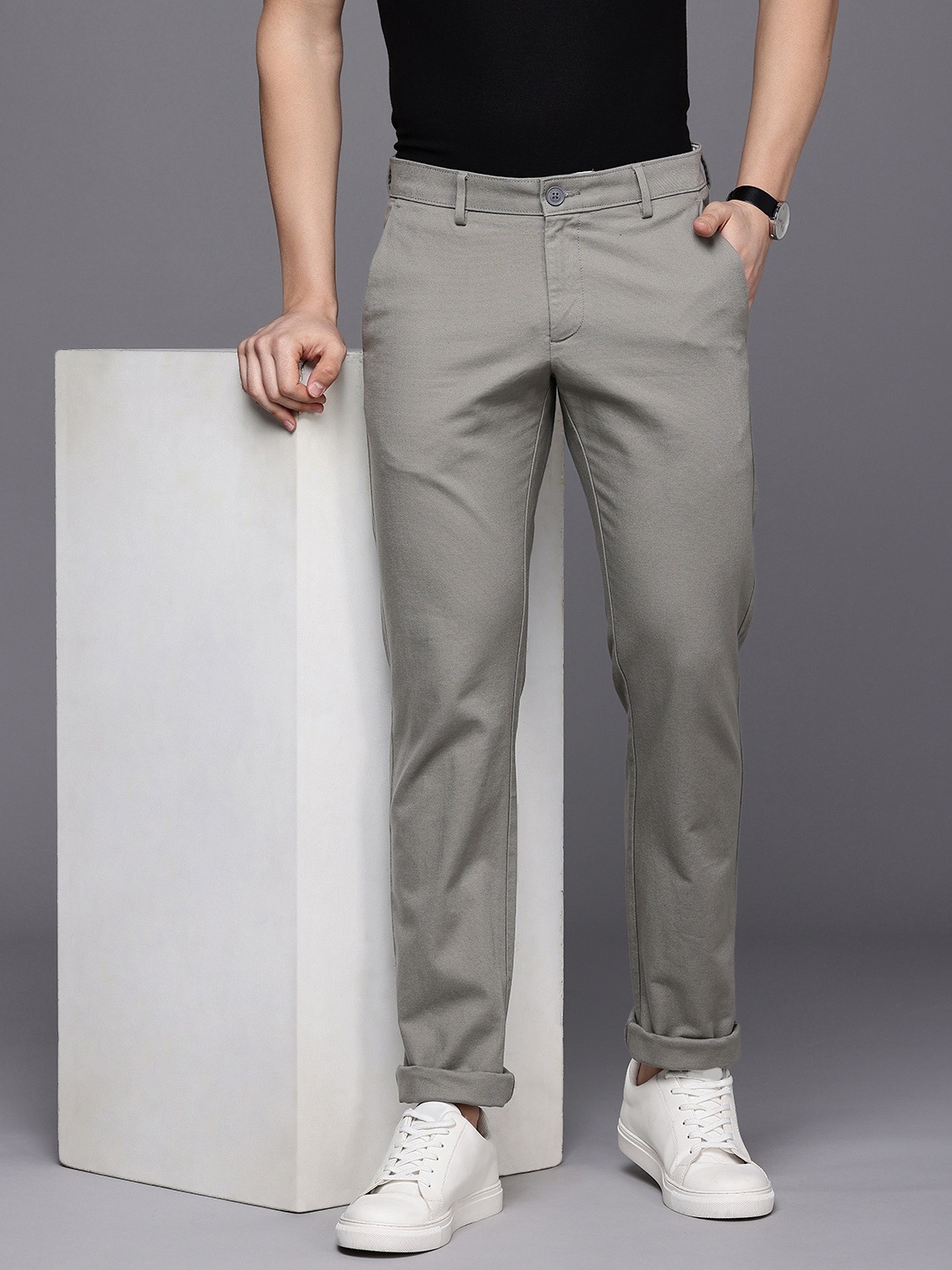 

Allen Solly Men Textured Smart Slim Fit Chinos Trousers, Grey