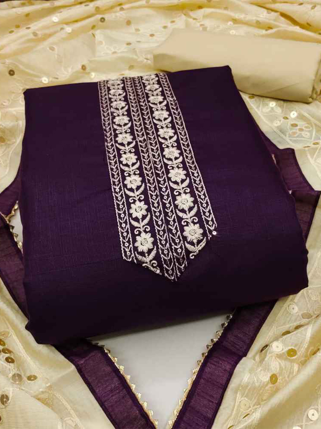 

faxofab Floral Sequinned Embroidered Unstitched Dress Material, Purple
