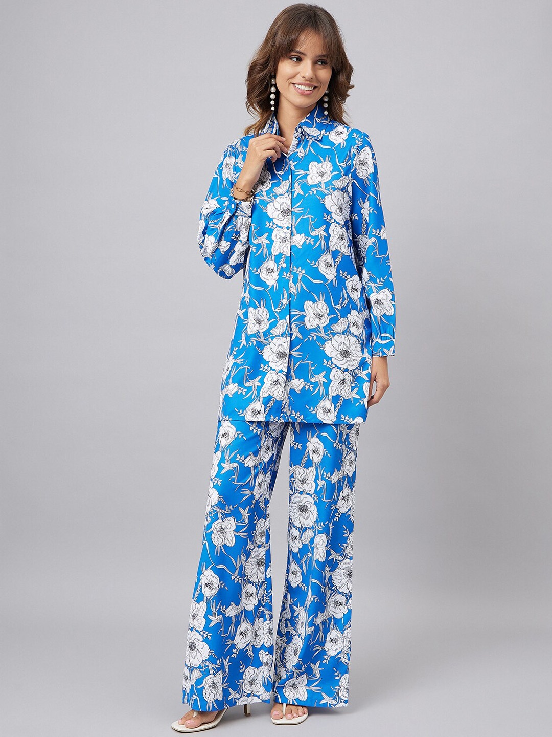 

Orchid Blues Floral Printed Shirt & Top With Flared Trouser, Blue