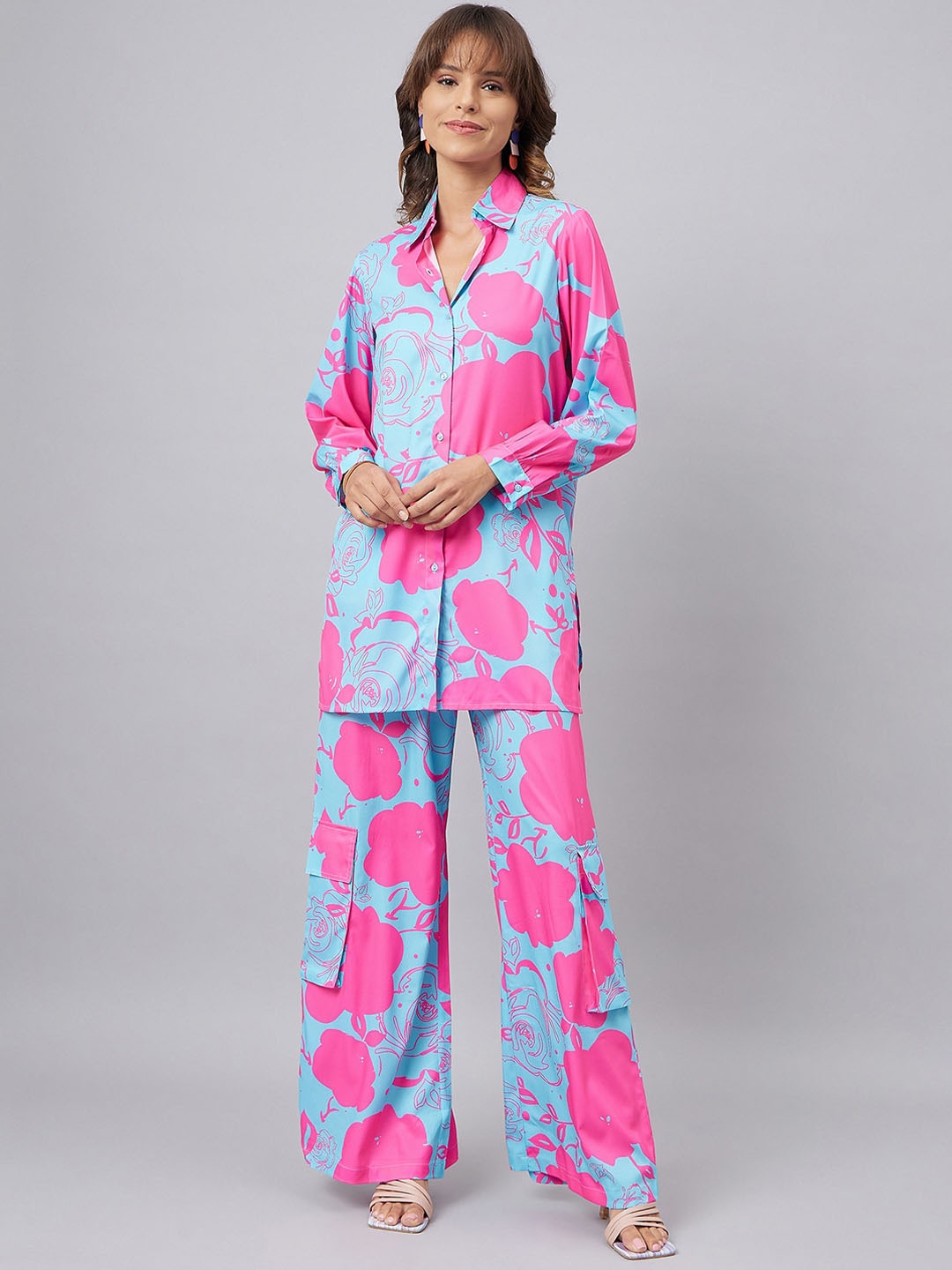 

Orchid Blues Floral Printed Shirt With Cargo Detail Trousers, Blue