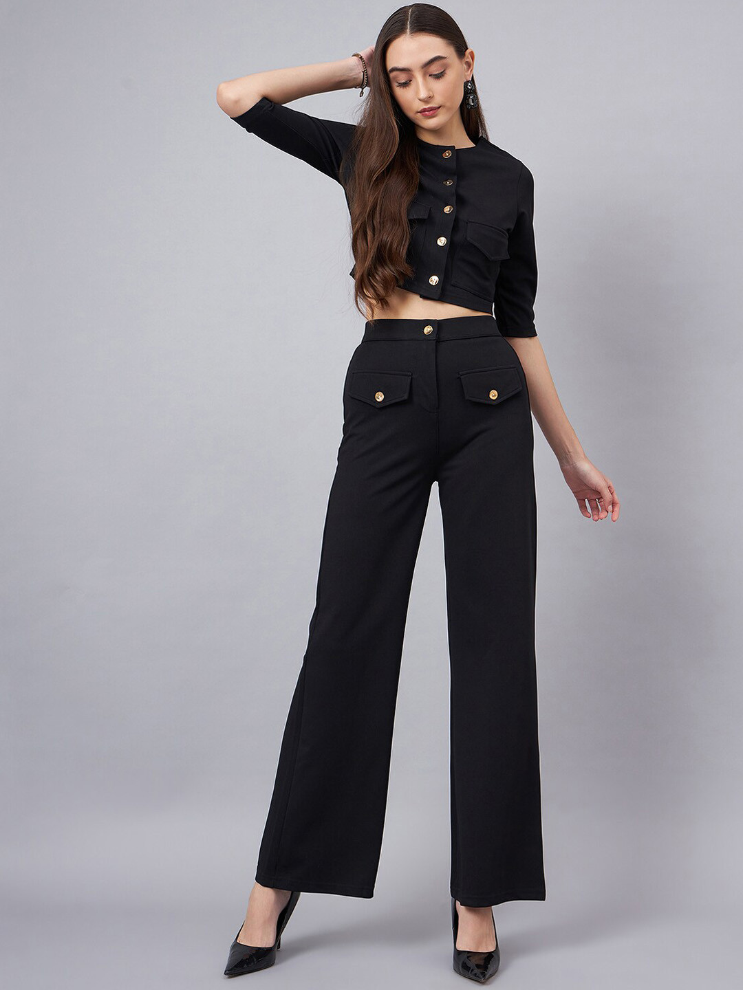 

Orchid Blues Round Neck Blazer With Trousers Co-Ords, Black