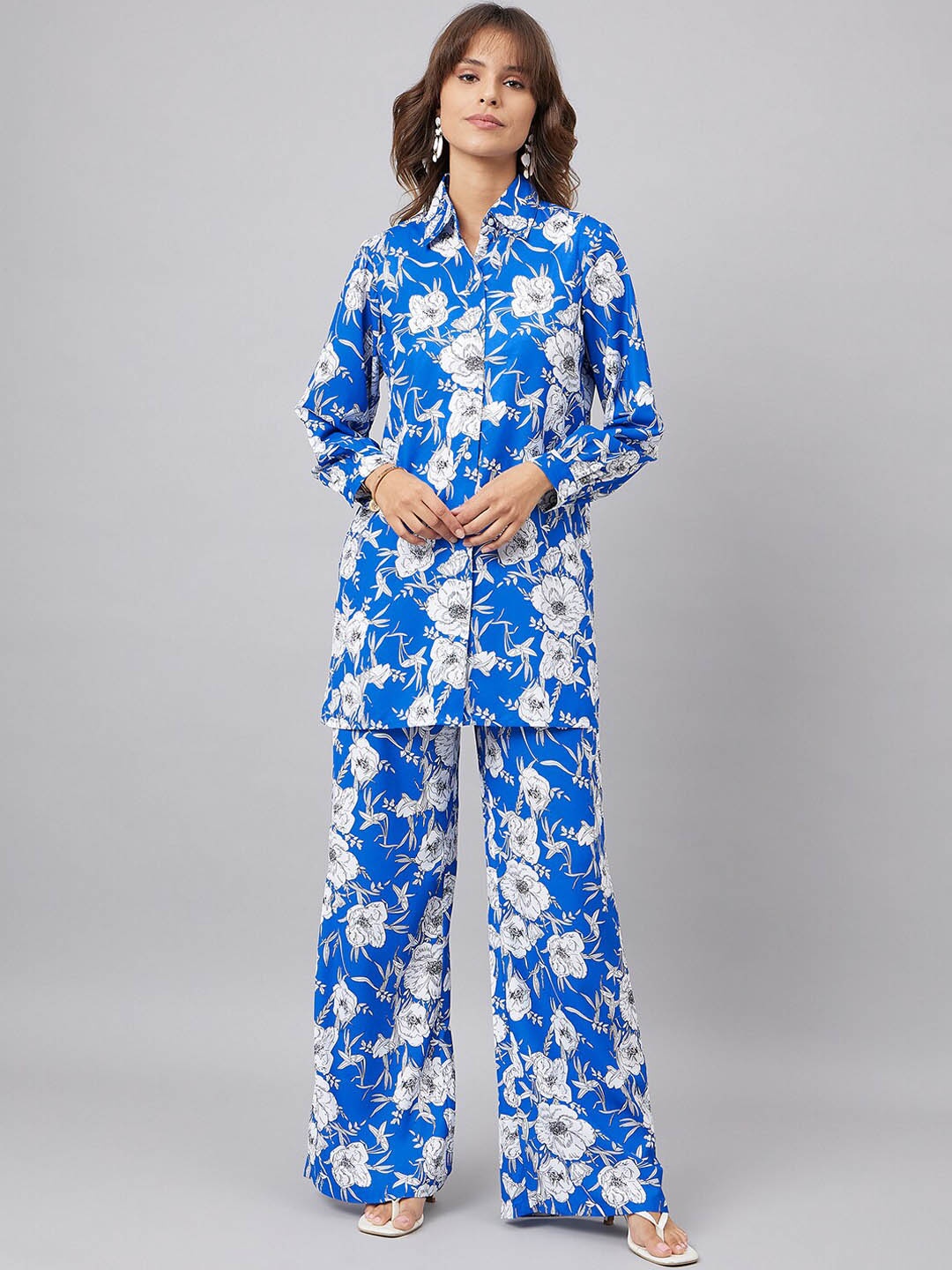 

Orchid Blues Floral Printed Shirt Collar Shirt With Trousers, Blue