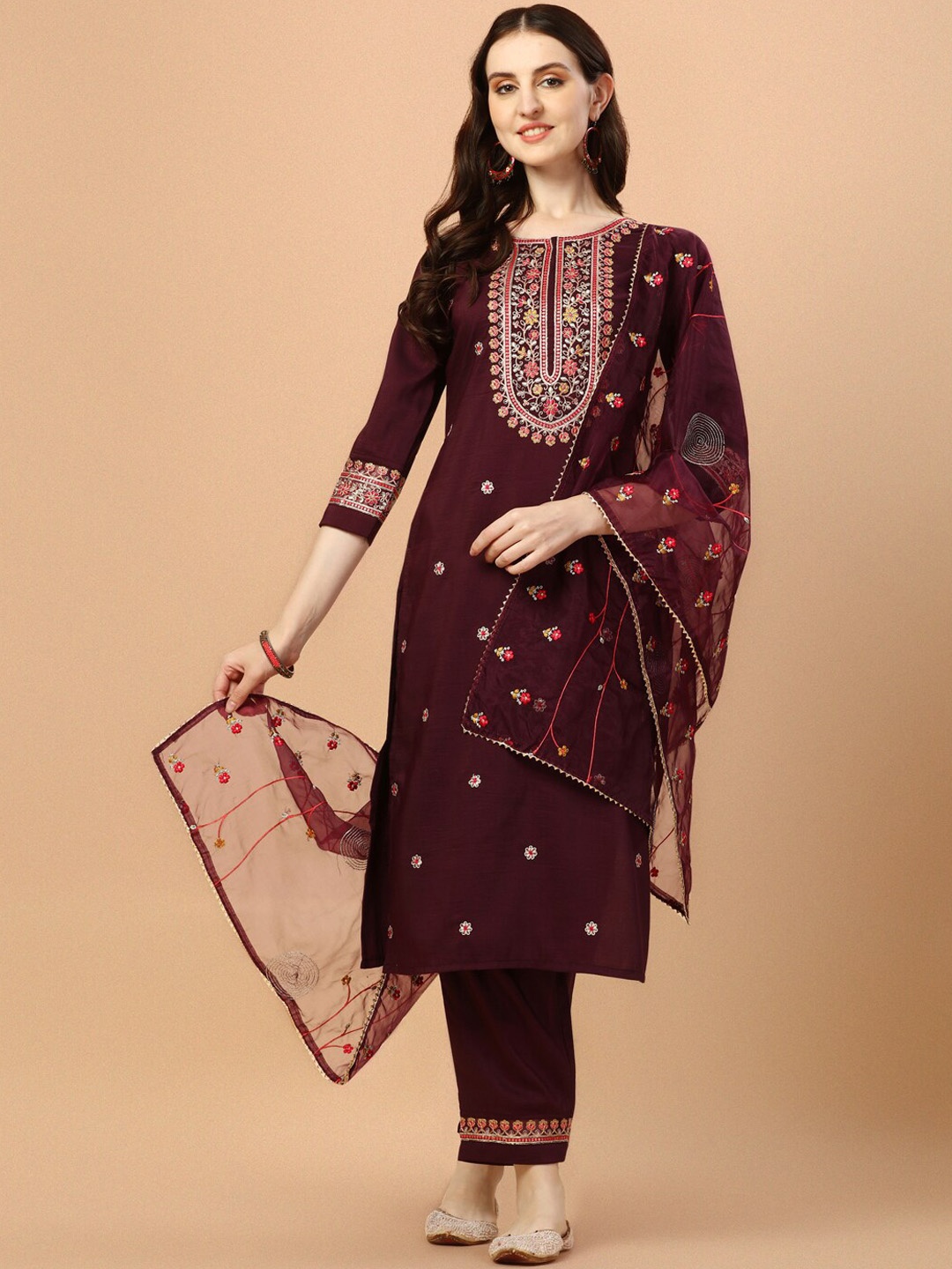 

KALINI Floral Embroidered Regular Beads And Stones Straight Kurta With Trousers & Dupatta, Purple