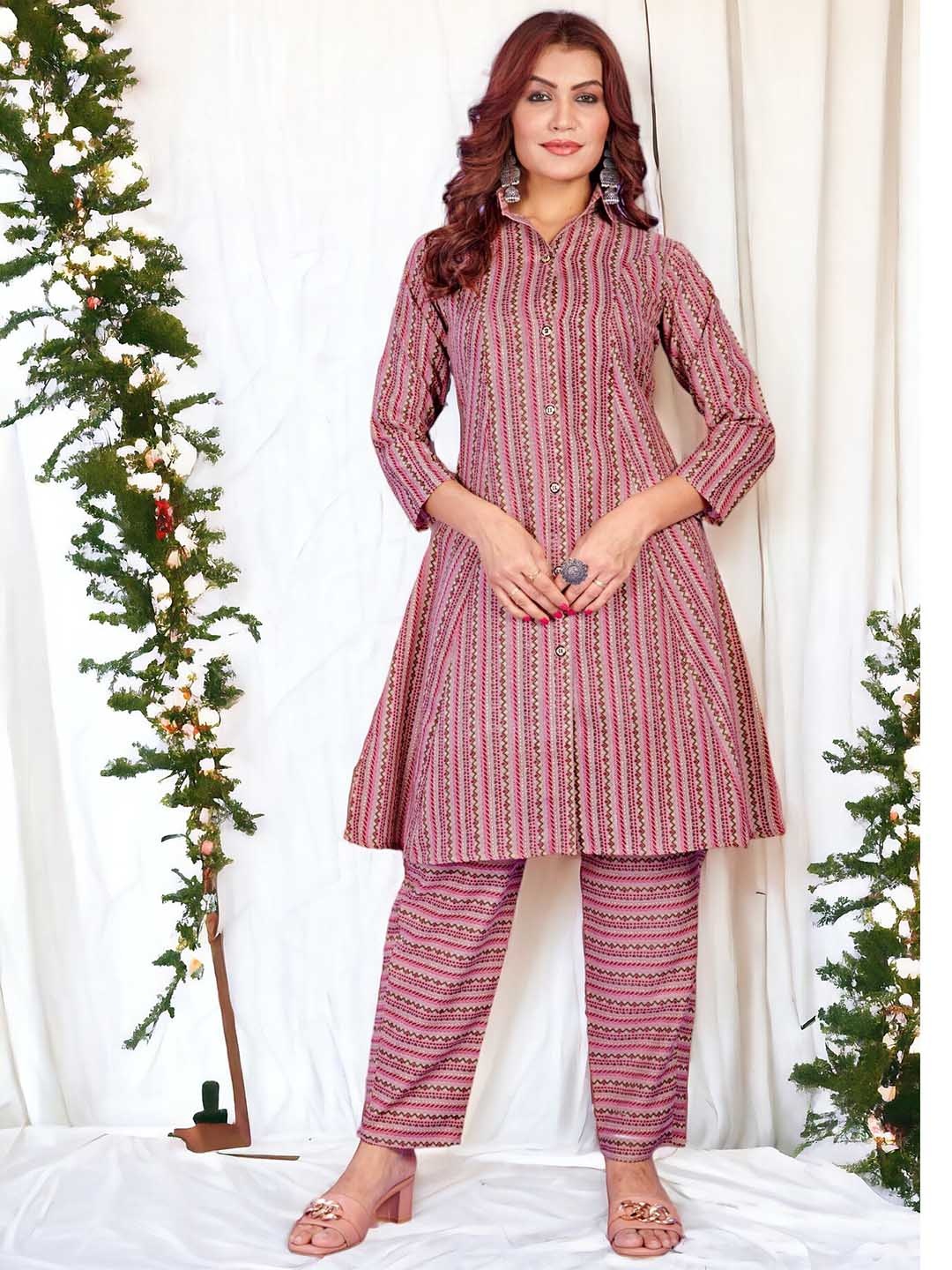 

MORLY Printed Shirt Collar Neck Ethnic Top & Flared Trouser, Pink