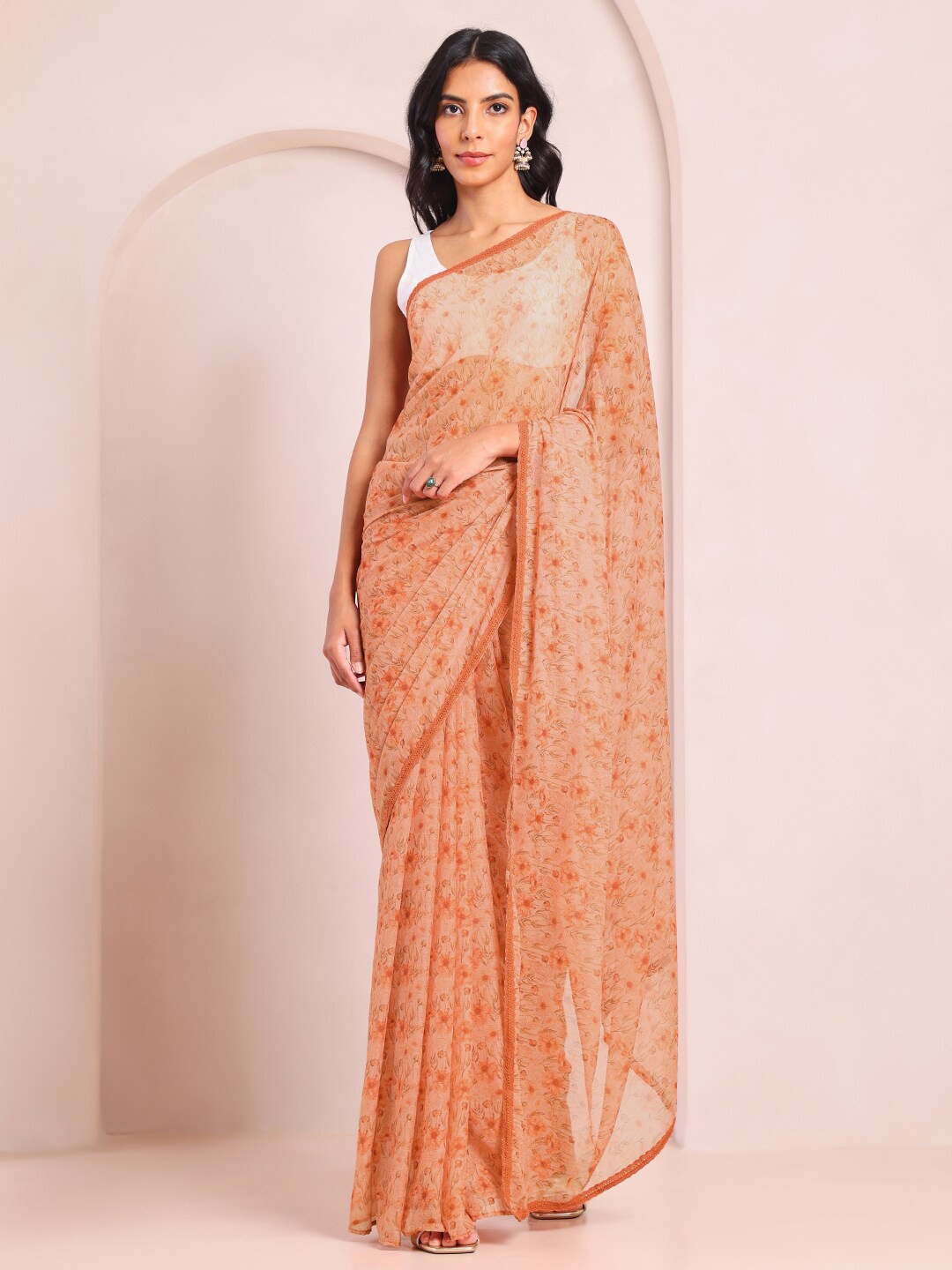 

Saaki Floral Printed Pure Chiffon Saree, Peach