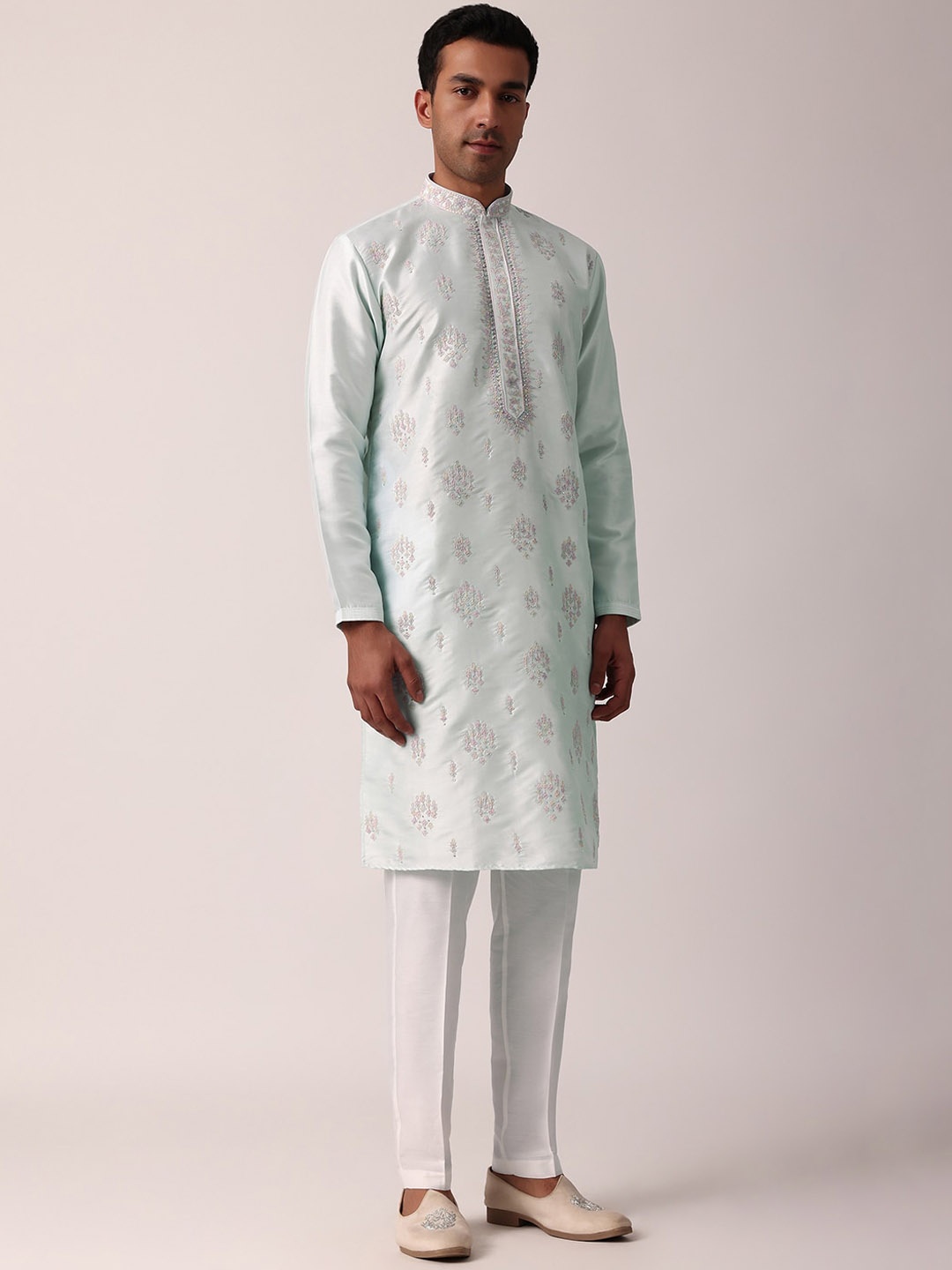 

KALKI Fashion Ethnic Motifs Embroidered Mandarin Collar Straight Kurta With Pyjama, Blue