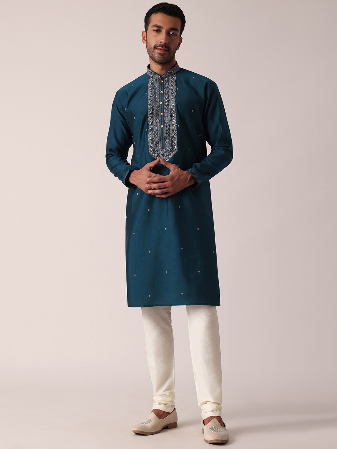 

KALKI Fashion Ethnic Motifs Embroidered Mirror Work Straight Kurta with Pyjama, Teal
