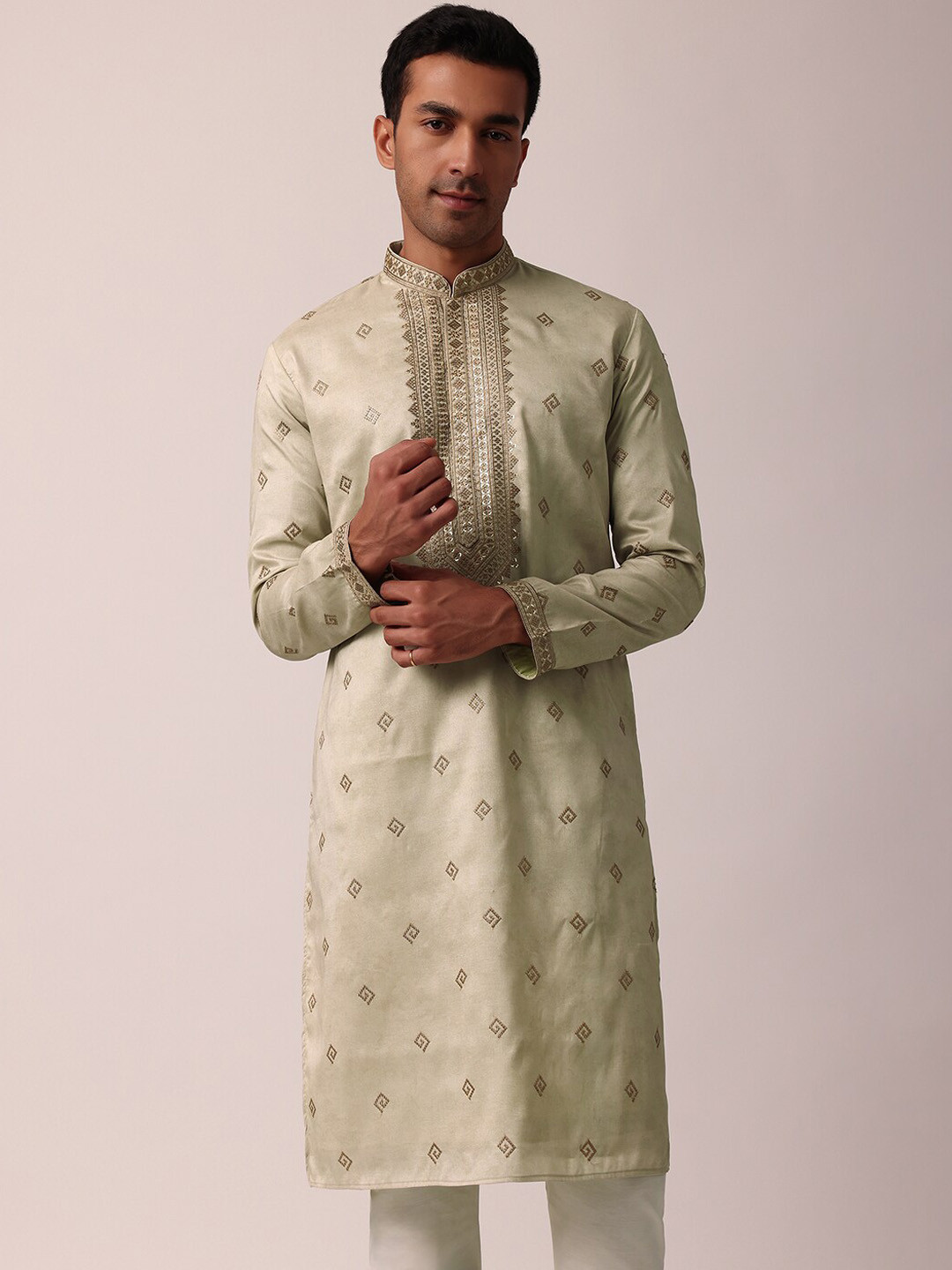 

KALKI Fashion Ethnic Motifs Embroidered Regular Thread Work Kurta & Pyjama, Beige