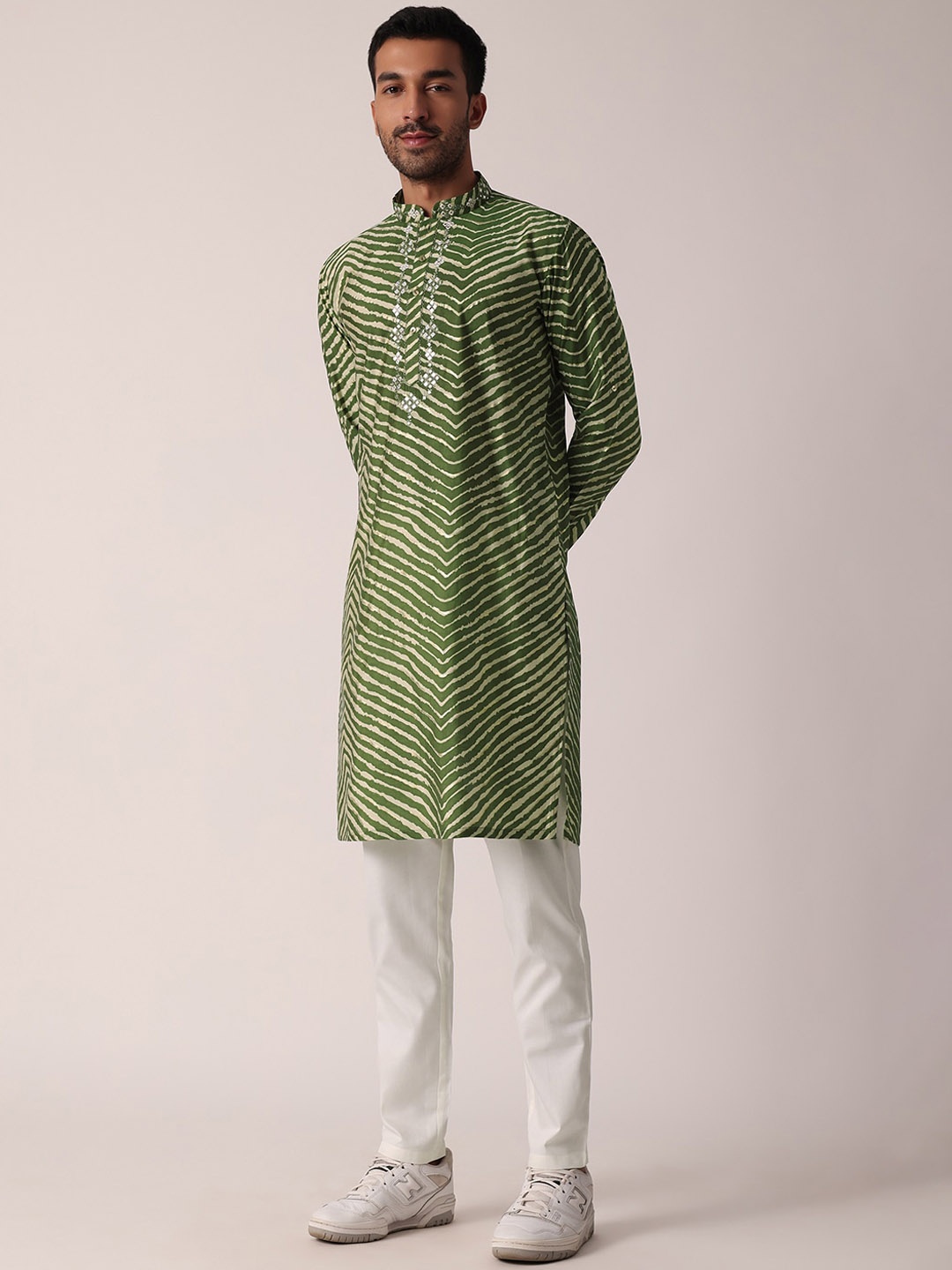 

KALKI Fashion Mandarin Collar Geometric Striped Thread Work Straight Cotton Kurta, Green
