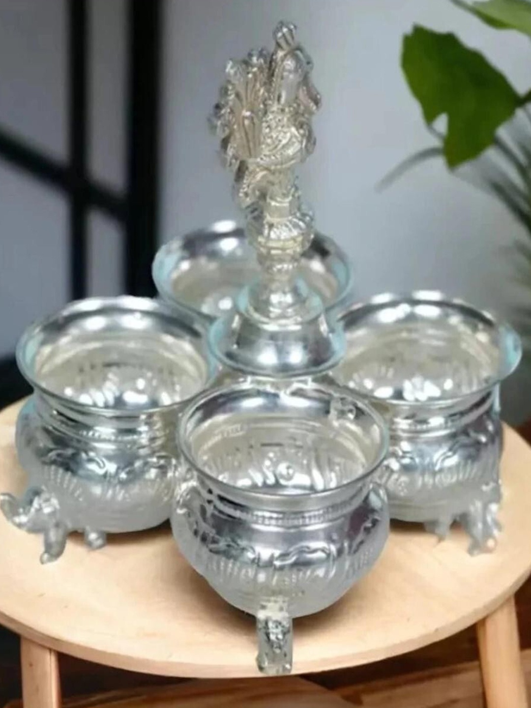 

Sigaram Textured German Silver 4 Cup Panchwala With Peacock