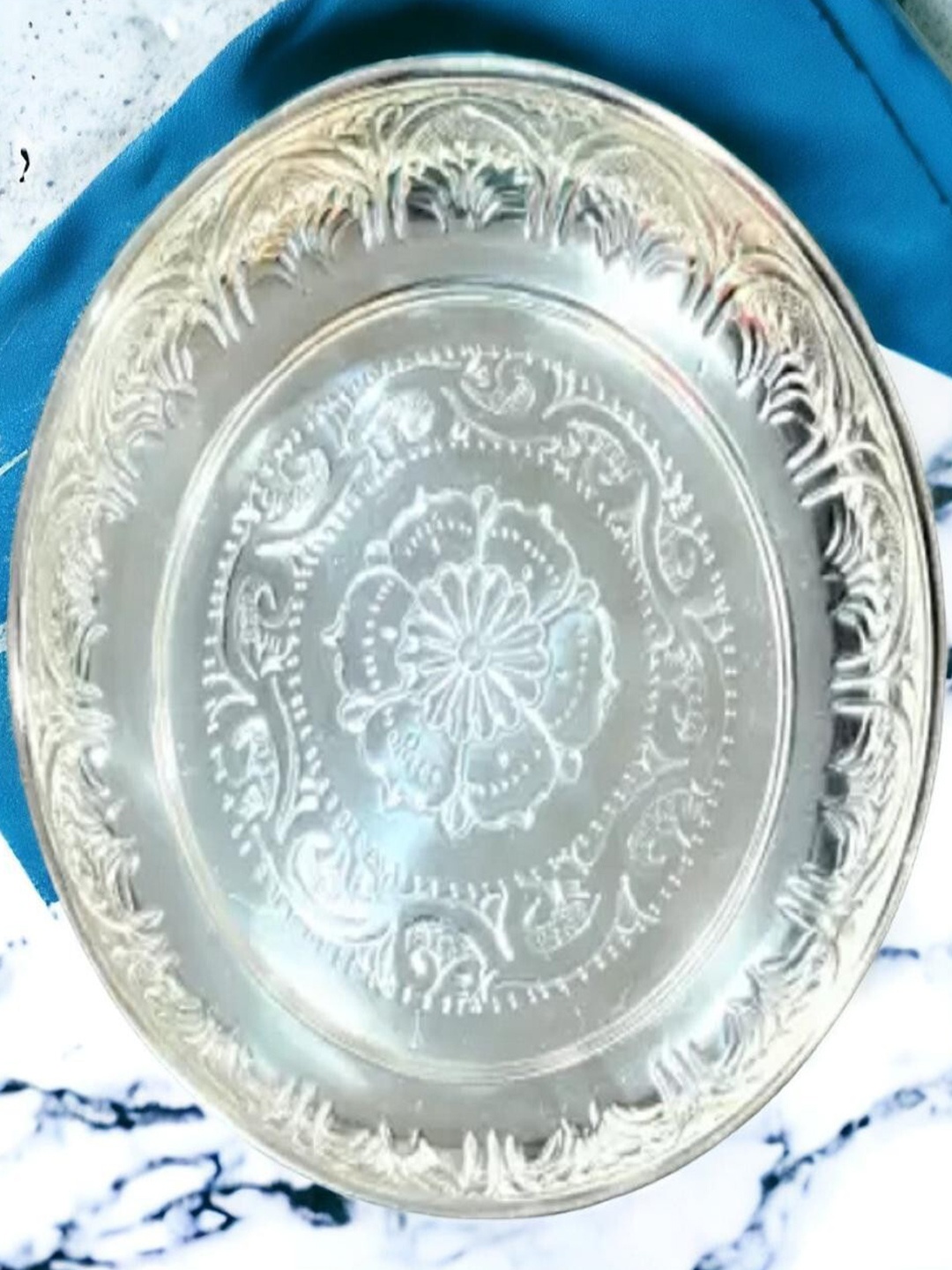 

Sigaram Grey Textured German Silver Pooja Plate With Stand