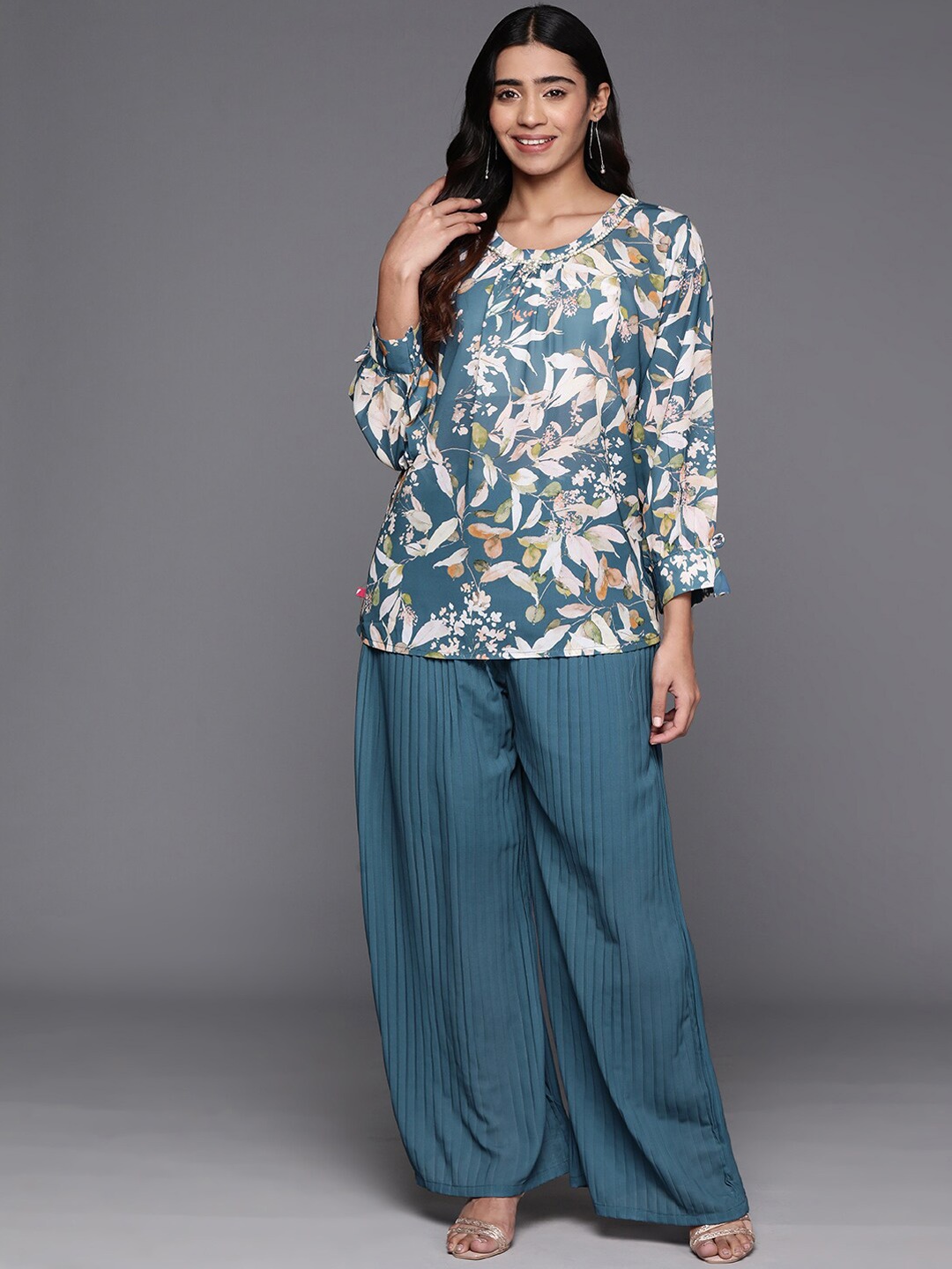 

Varanga Printed Top With Flared Palazzos Co-Ords, Blue