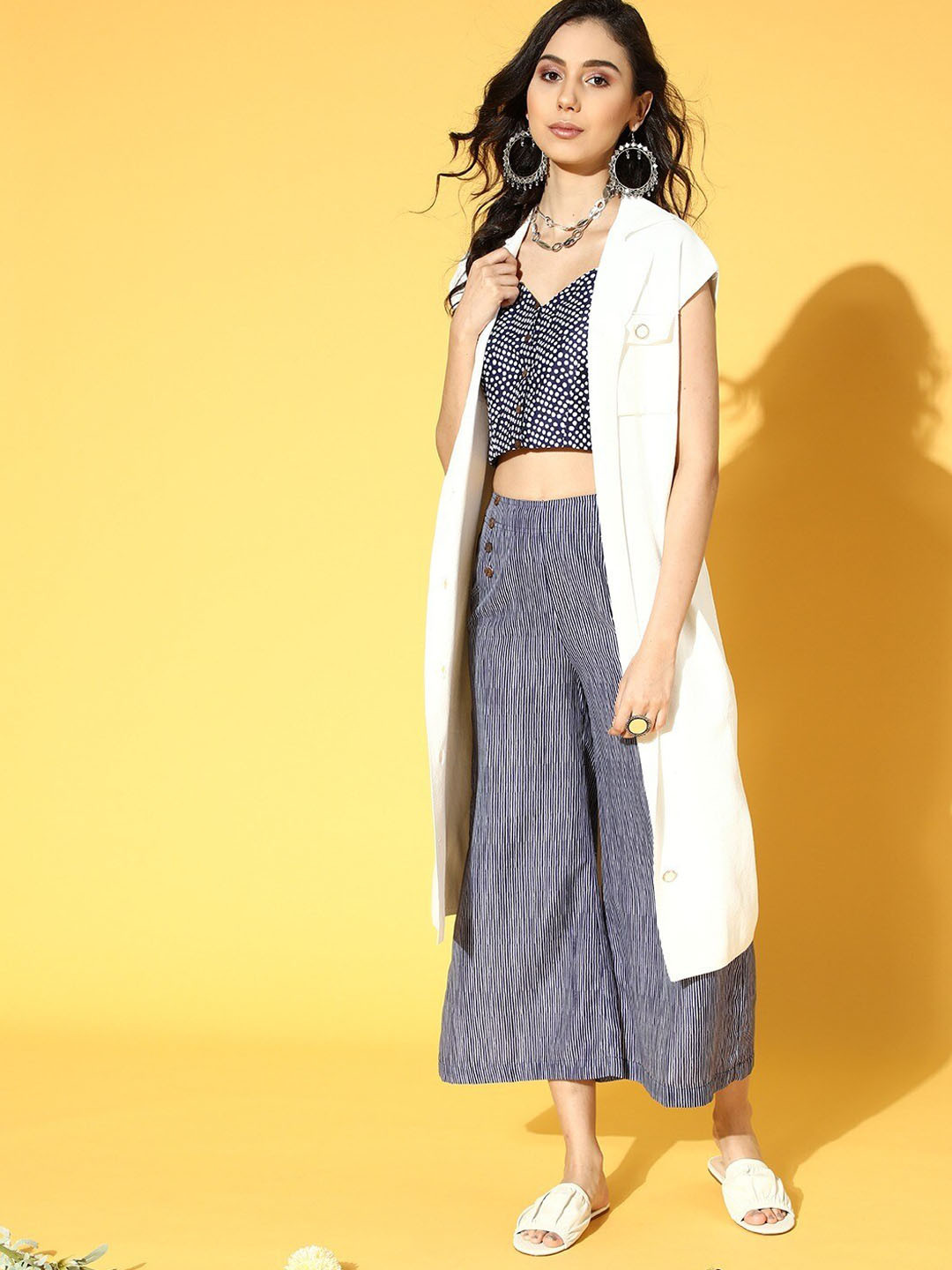 

Varanga Printed V-Neck Top, Front Open Shrug & Mid-Rise Trousers Co-Ords, Navy blue