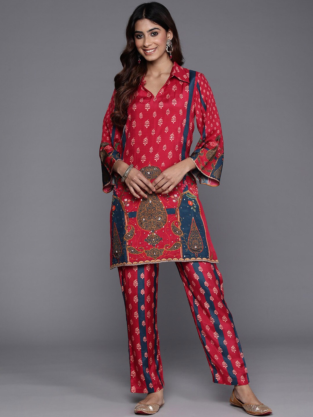 Varanga Printed Pure Silk Straight Kurta Set, Red