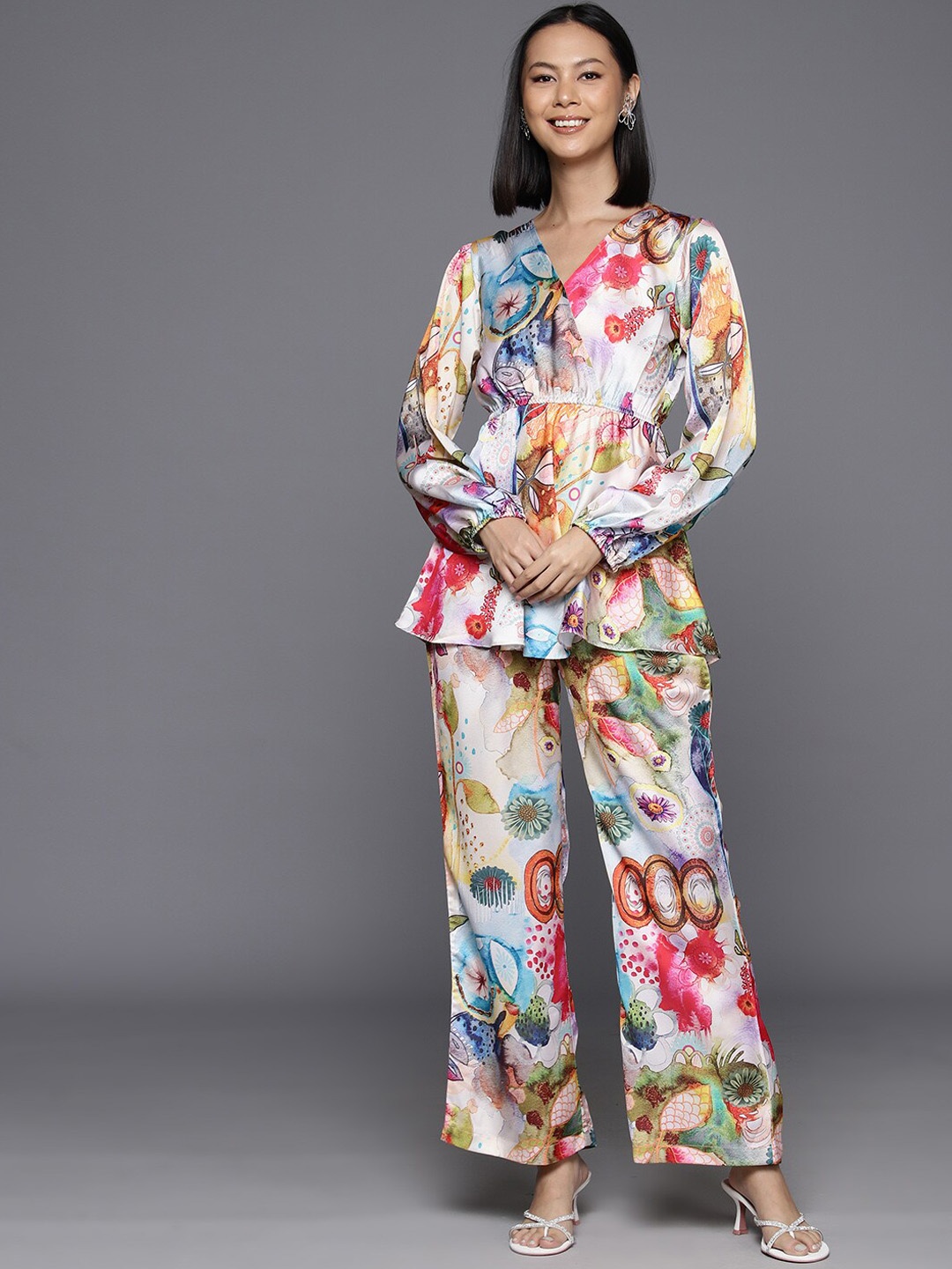 

Varanga Abstract Printed Peplum Top With Trouser, White