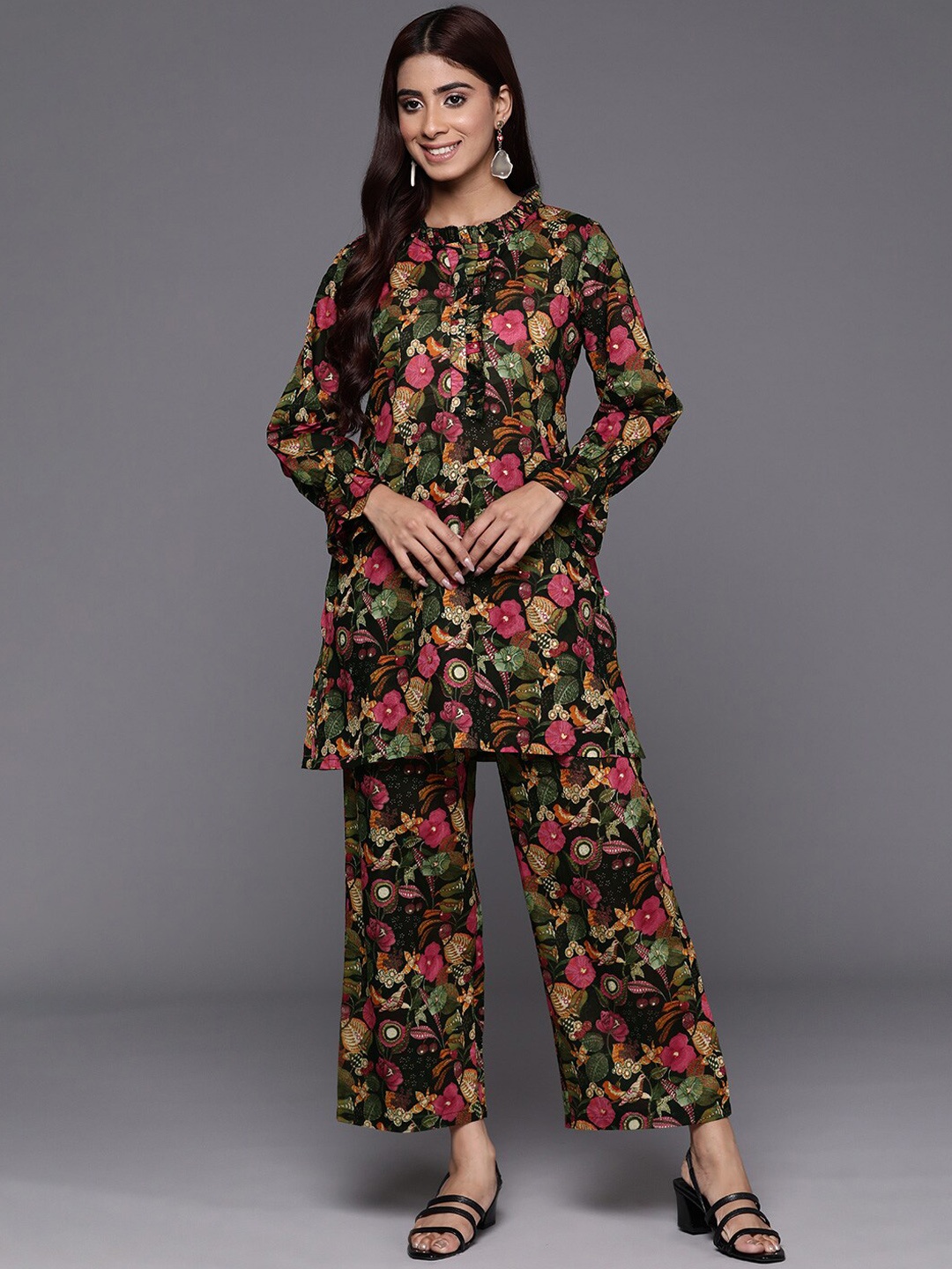 

Varanga Floral Printed Mandarin Collar Pure Cotton Tunic & Trousers, Black