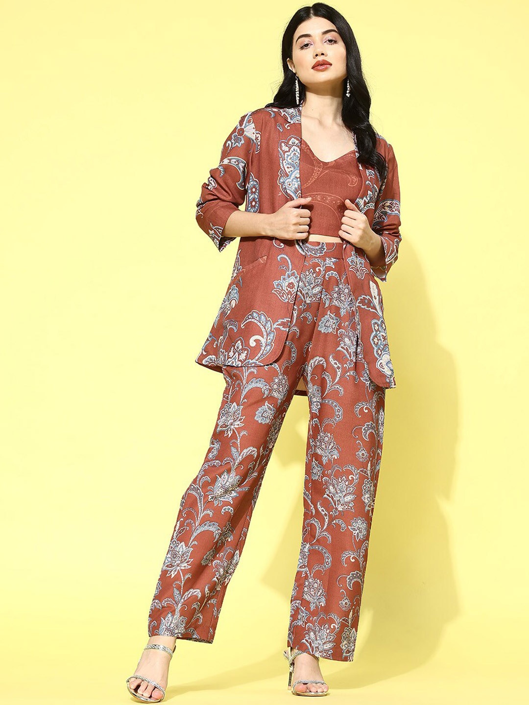 

Varanga Floral Printed V-Neck Top With Jacket With Trousers, Rust