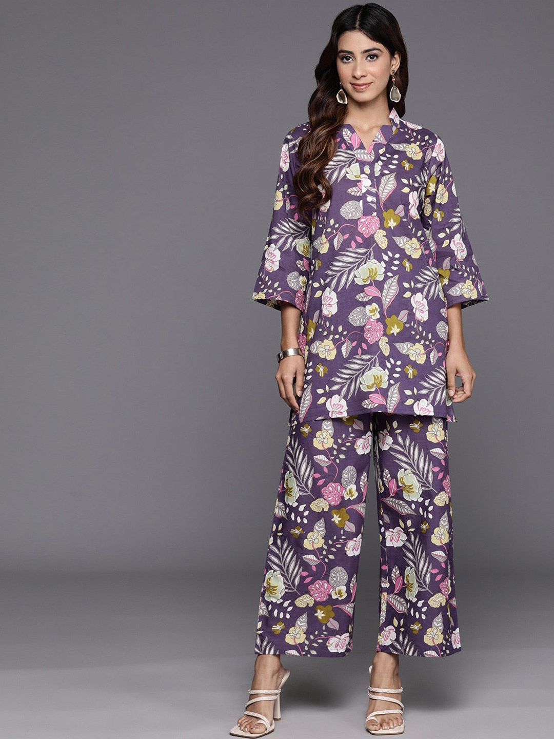 

Varanga Foral Printed Pure Cotton Tunic With Flared Trouser, Purple