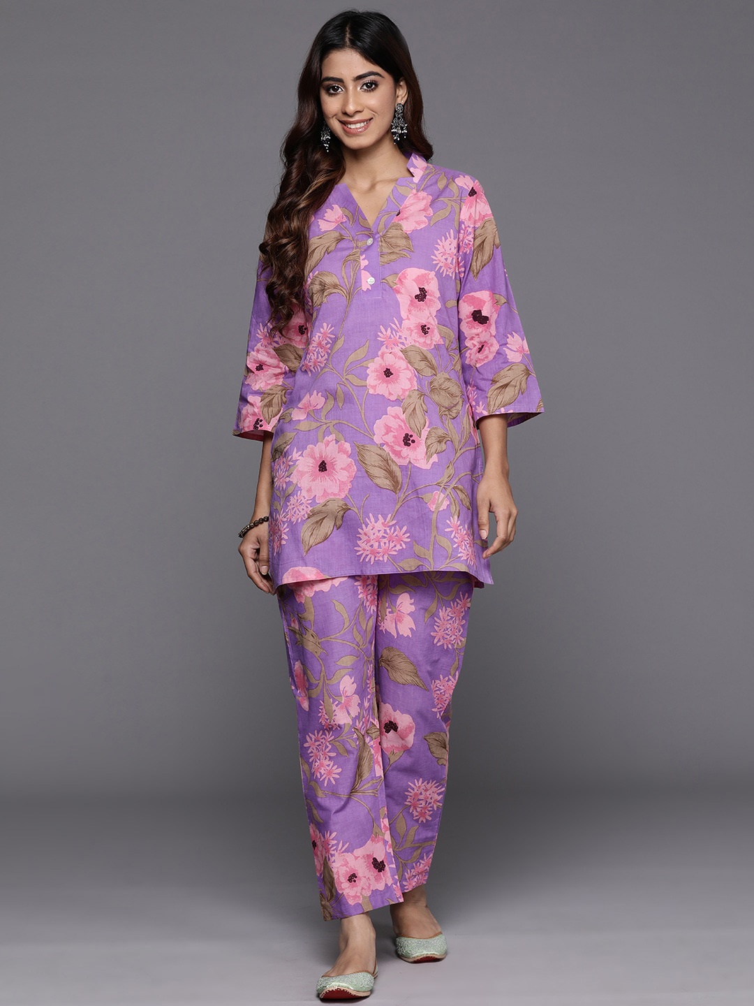 

Varanga Floral Printed Pure Cotton Tunic & Trouser, Lavender