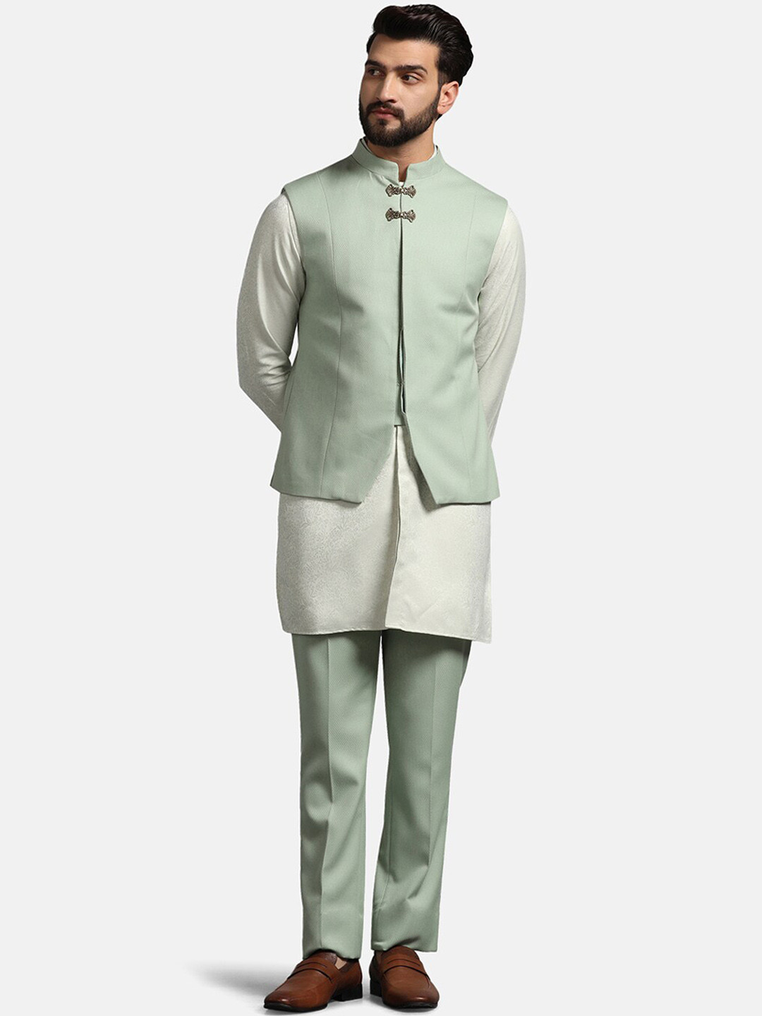 

Blackberrys Self-Design Kurta With Trouser & Nehru Jacket, Green