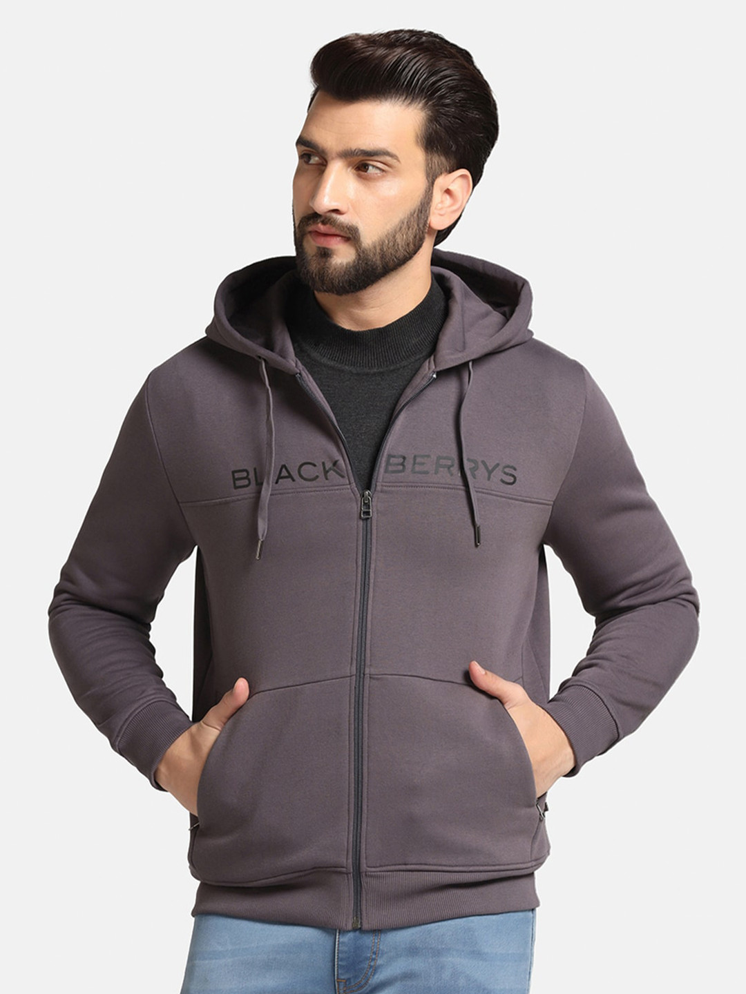 

Blackberrys Typography Printed Hooded Long Sleeves Front-Open Sweatshirt, Grey