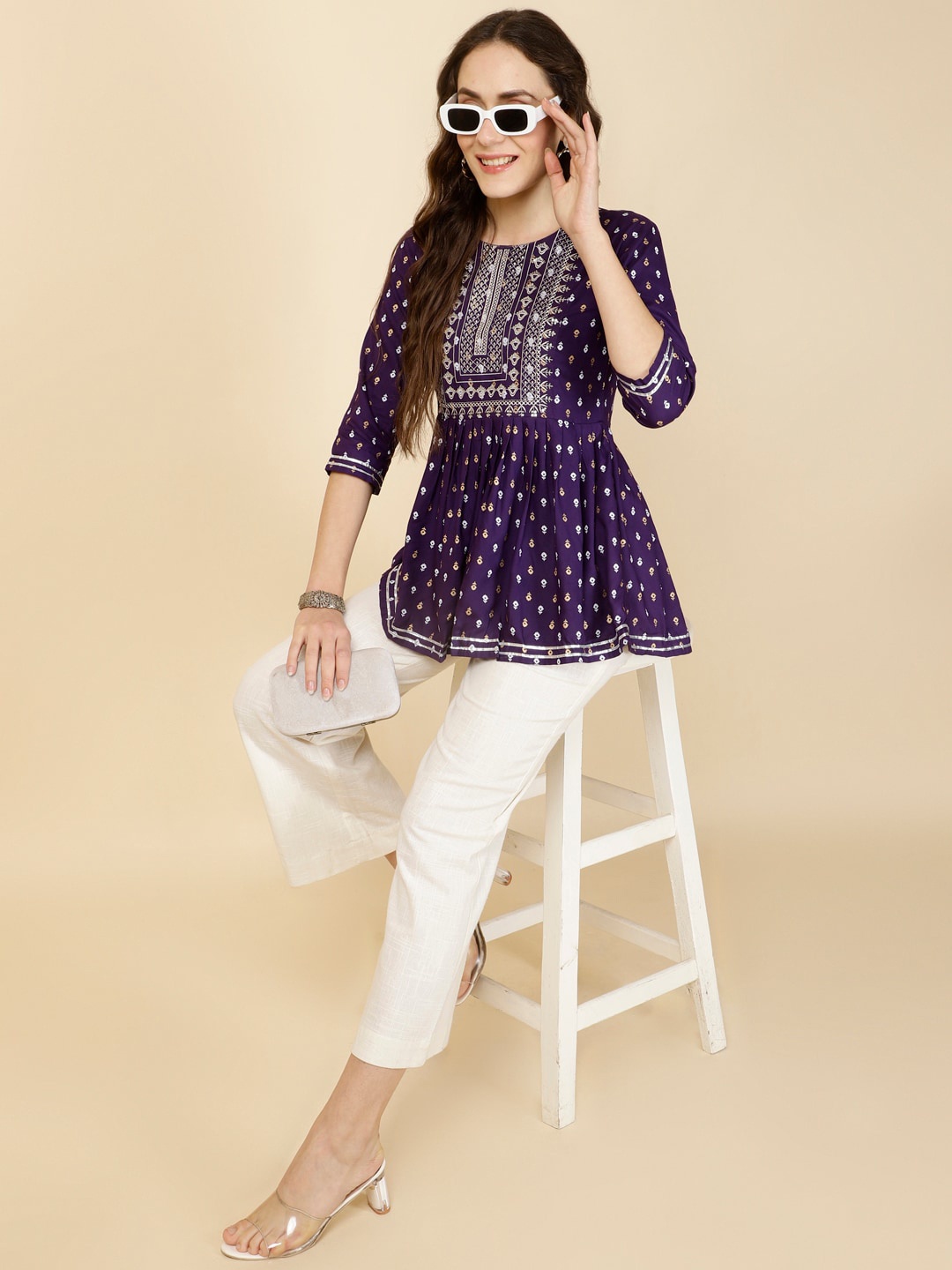 

NISHABD Ethnic MotifsPrinted Round Neck Three-Quarter Sleeves Peplum Top, Purple