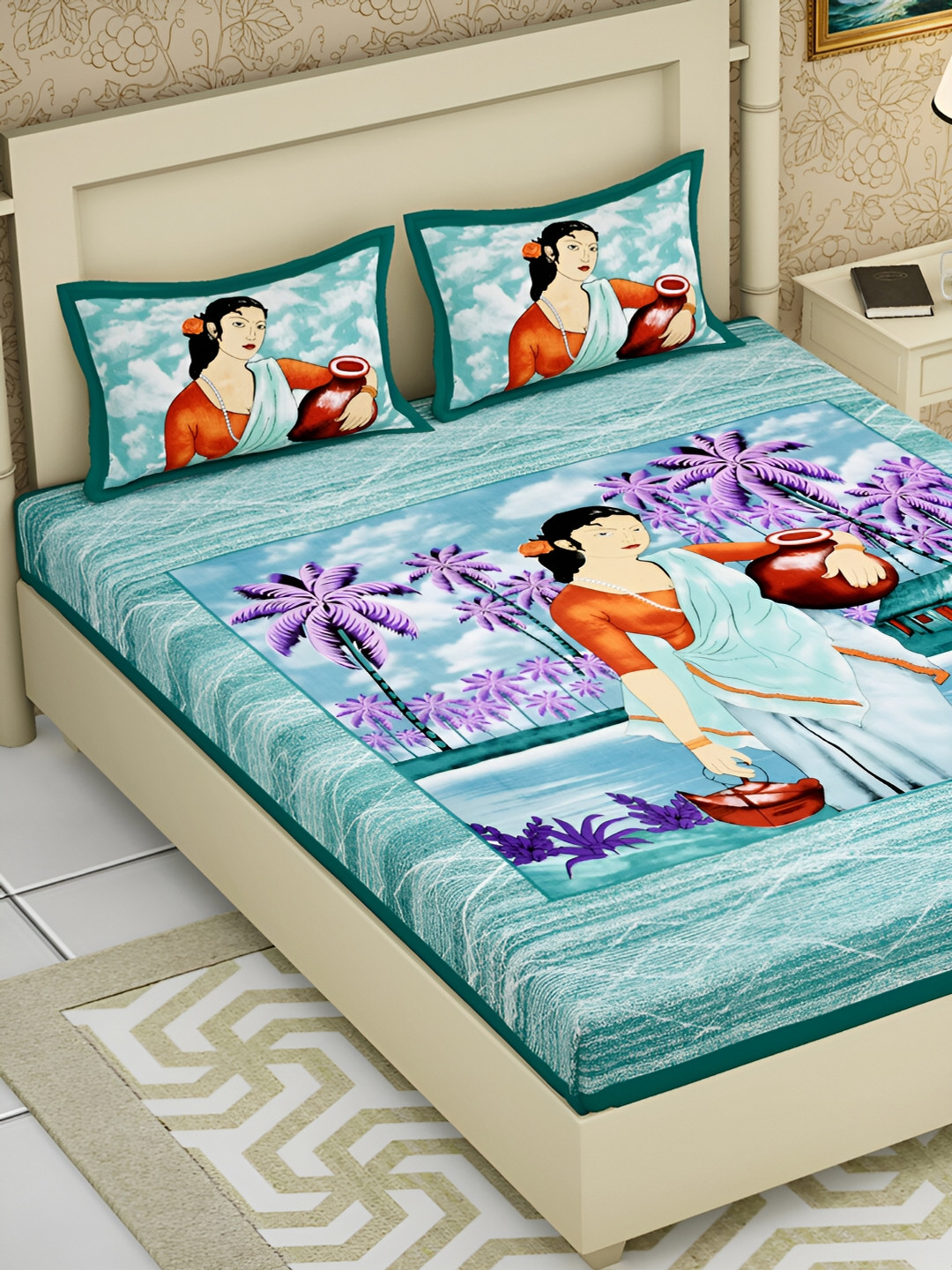 

POORAK Green & Purple Ethnic Motifs Cotton 104 TC Queen Bedsheet With 2 Pillow Covers