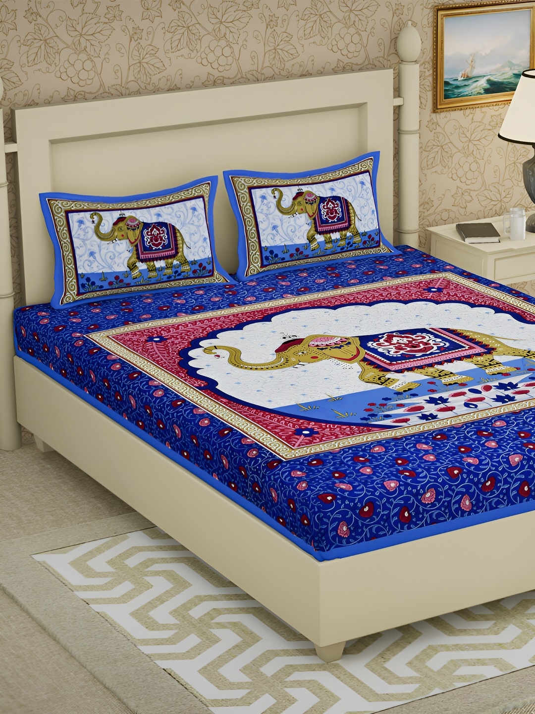 

POORAK Blue & Pink Ethnic Motifs Cotton 104 TC Queen Bedsheet With 2 Pillow Covers