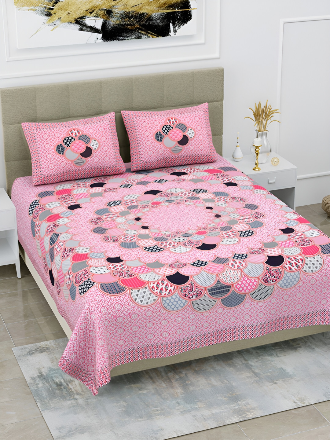 

POORAK Pink & Blue Ethnic Motifs Cotton 104 TC Queen Bedsheet With 2 Pillow Covers