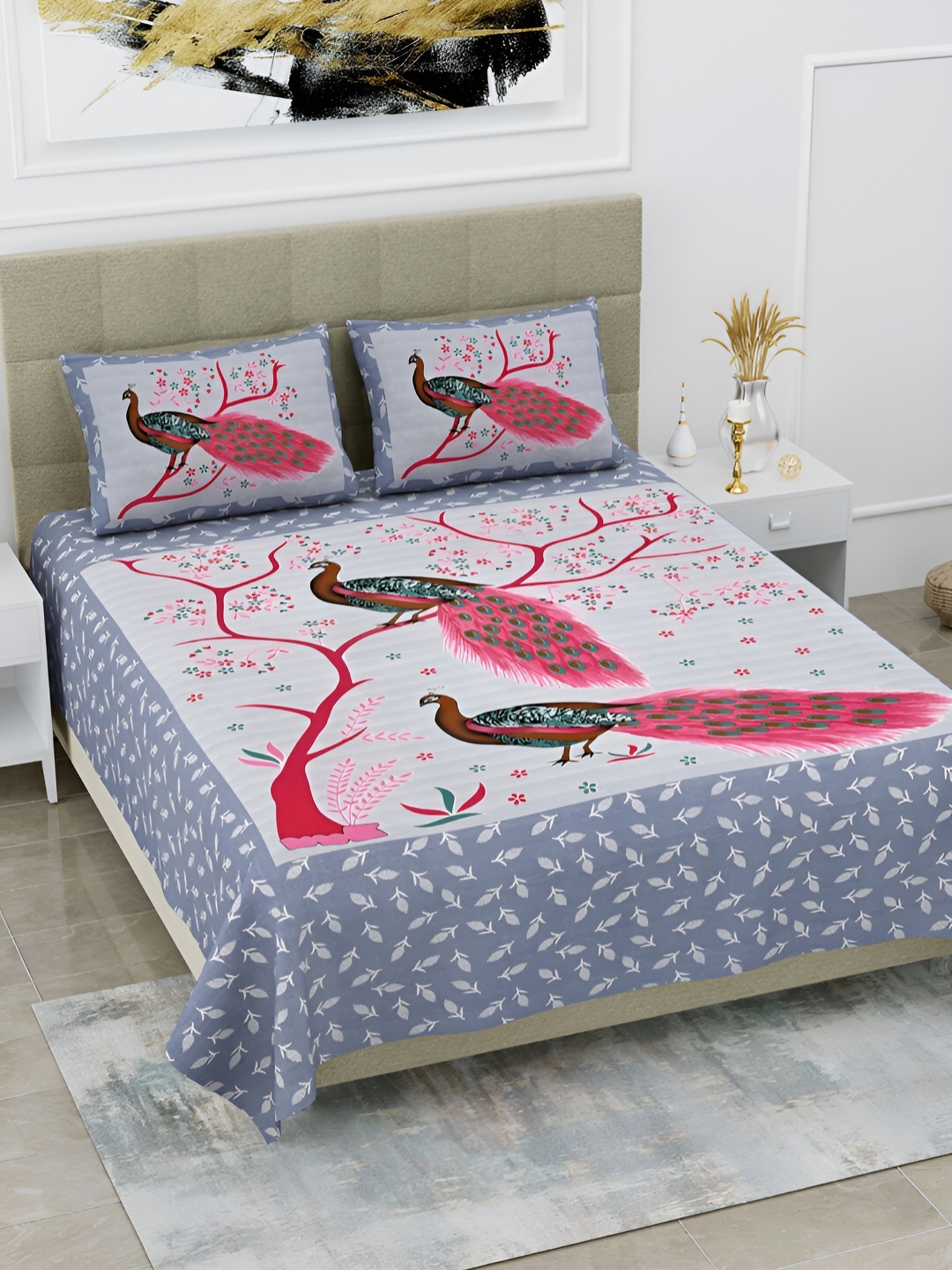 

POORAK Blue & White Ethnic Motifs Cotton 104 TC Queen Bedsheet With 2 Pillow Covers