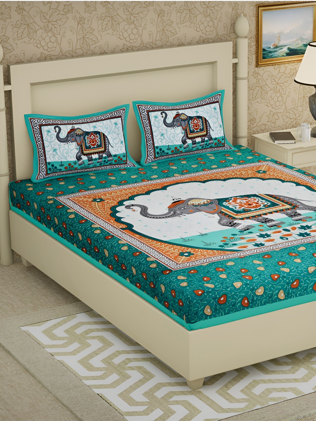 

POORAK Green & White Ethnic Motifs Cotton 104 TC Queen Bedsheet With 2 Pillow Covers