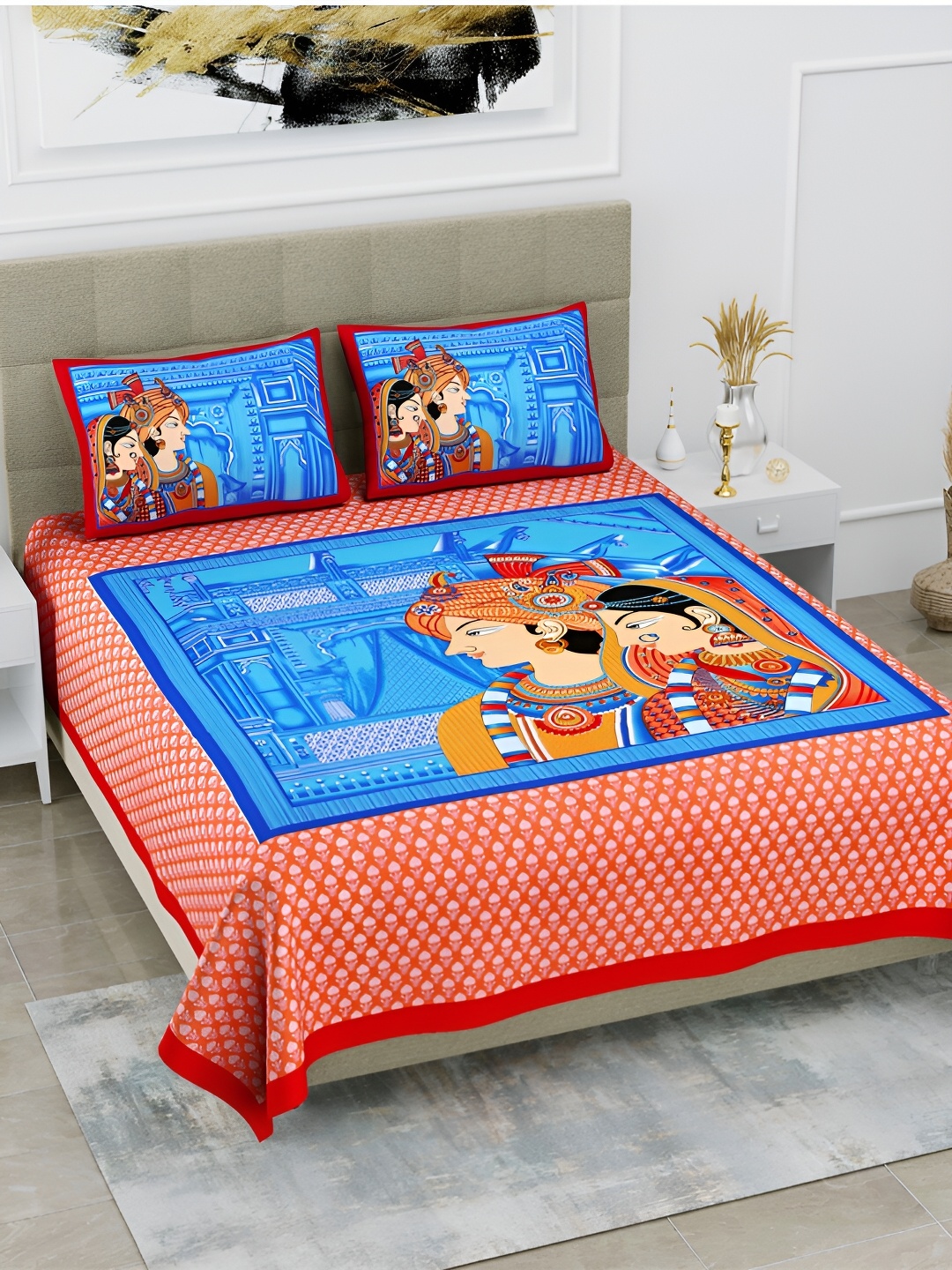

POORAK Red & Blue Ethnic Motifs Cotton 104 TC Queen Bedsheet With 2 Pillow Covers