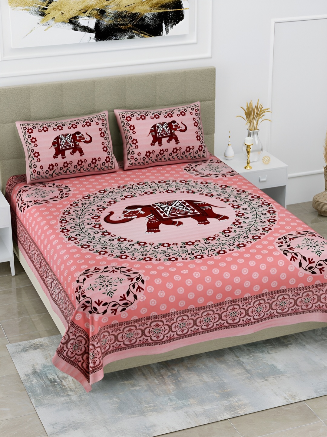 

POORAK Maroon & White Ethnic Motifs Cotton 104 TC Queen Bedsheet With 2 Pillow Covers