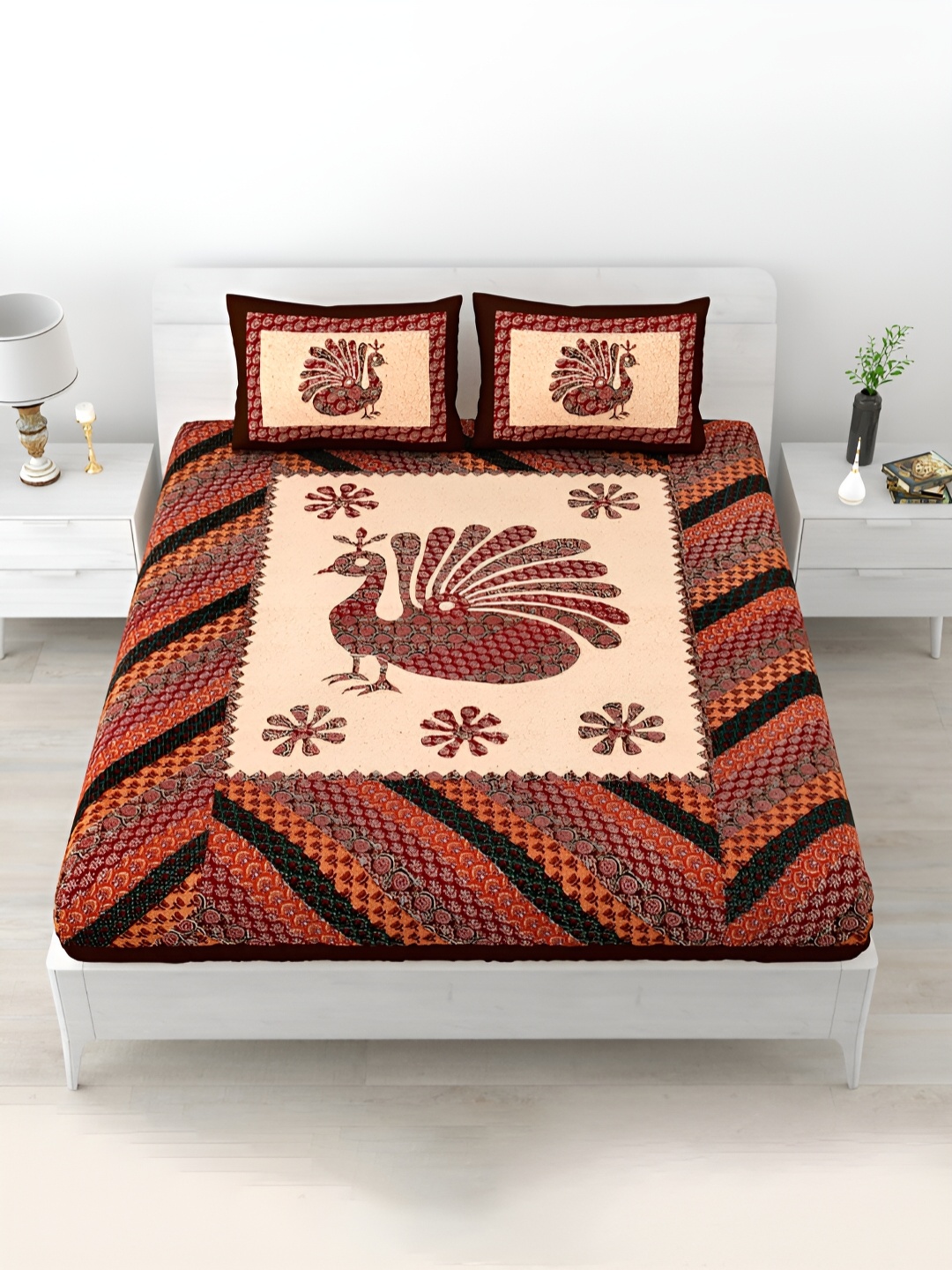 

POORAK Maroon & Beige Ethnic Motifs Cotton 104 TC Queen Bedsheet With 2 Pillow Covers