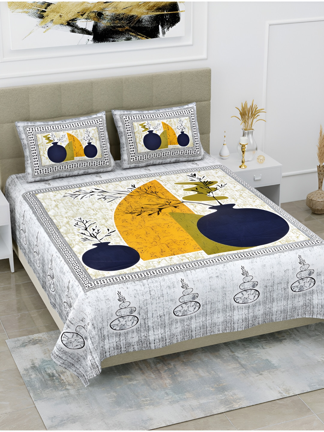 

POORAK Blue & Olive Geometric Printed Cotton 104 TC Queen Bedsheet With 2 Pillow Covers