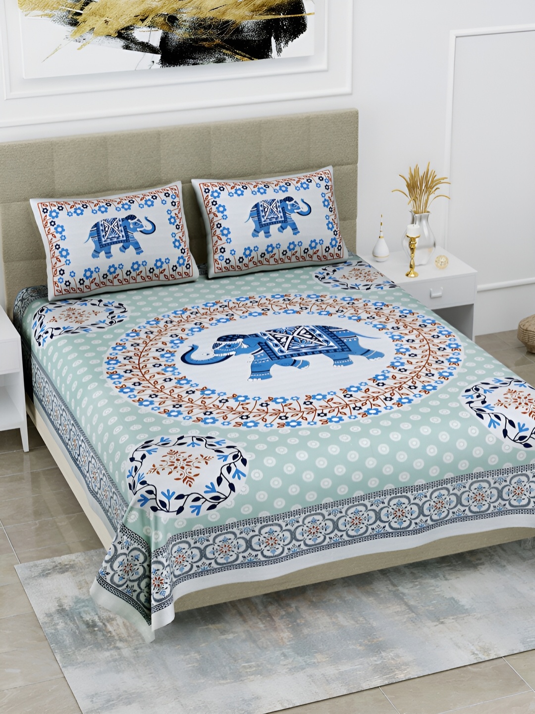 

POORAK Grey & Brown Ethnic Motifs Cotton 104 TC Queen Bedsheet With 2 Pillow Covers